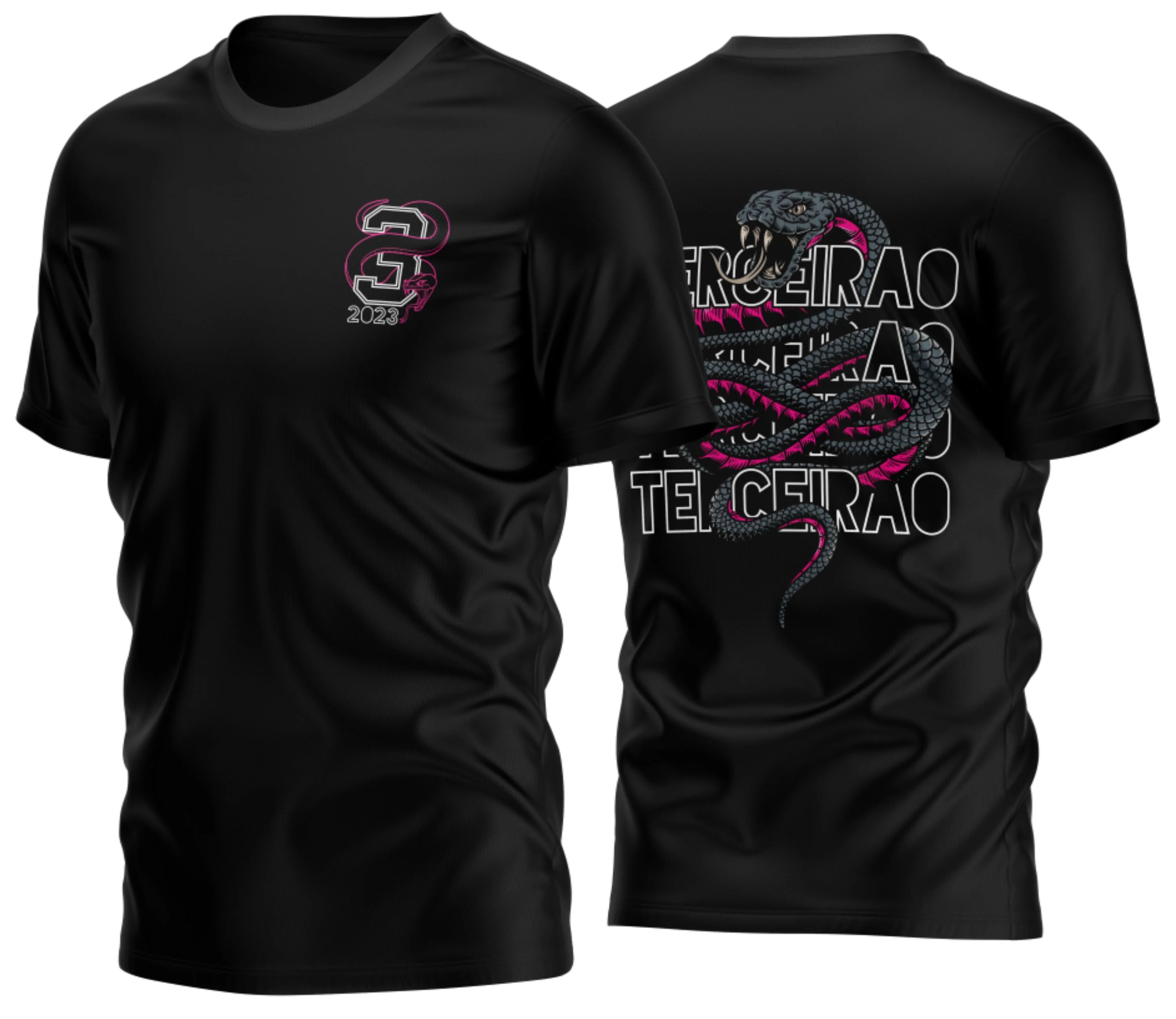 Camiseta unissex preta com logo no peito e estampa grande nas costas temática Camisa Terceirão Cobra 2026, ideal para estudantes que querem marcar essa fase especial.