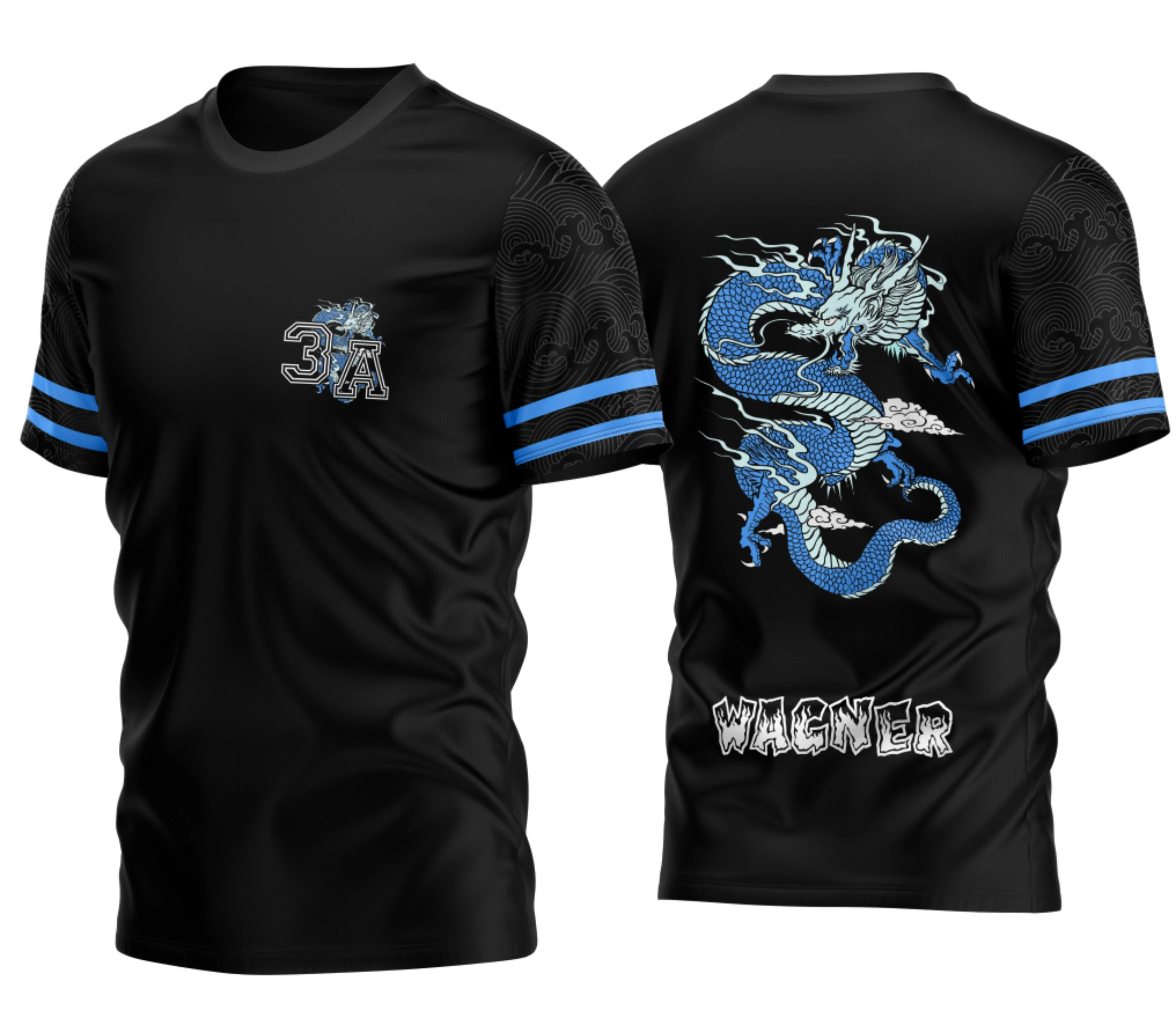 Camiseta unissex preta com logo no peito e estampa grande nas costas com tema Terceirão Dragão Azul 2026, ideal para estudantes comemorarem o último ano escolar.