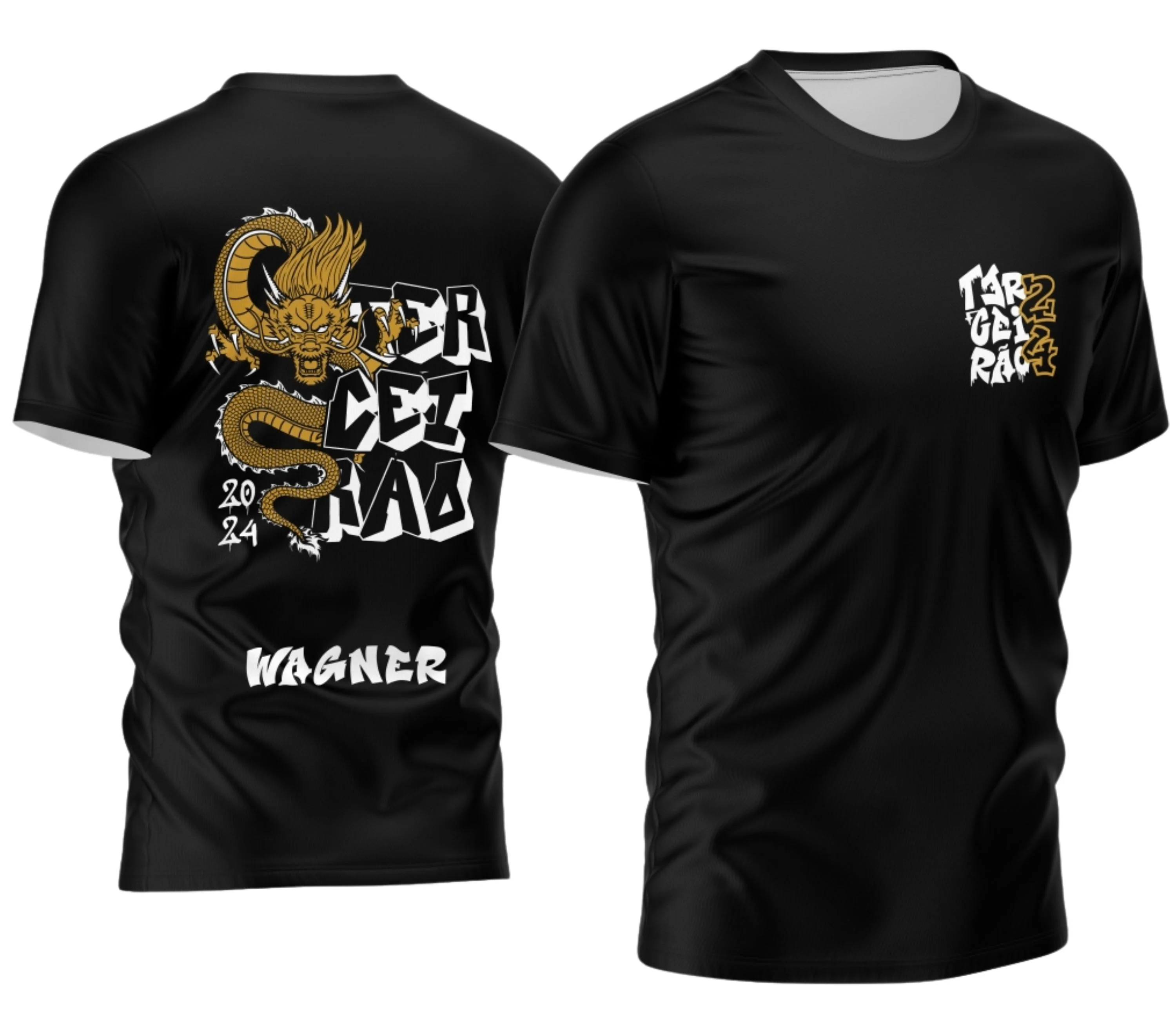Camisa com detalhe do logo no peito e uma estampa grande nas costas mostrando um dragão dourado vibrante e imponente, ideal para celebrar o Terceirão de 2026 com estilo marcante e visual impactante.