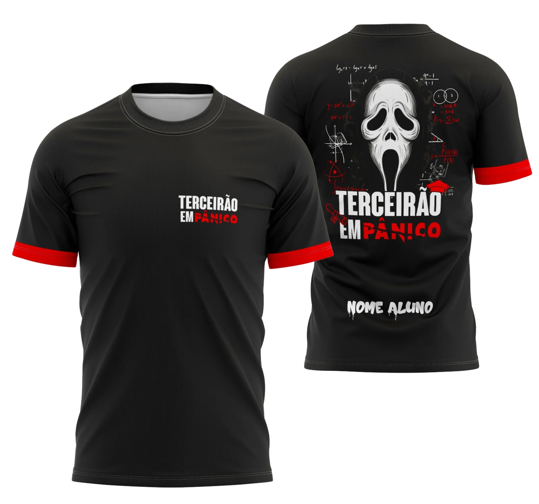 Foto da camiseta unissex preta com logo no peito e estampa grande nas costas com tema Terceirão em Pânico, ideal para estudantes comemorando a formatura.