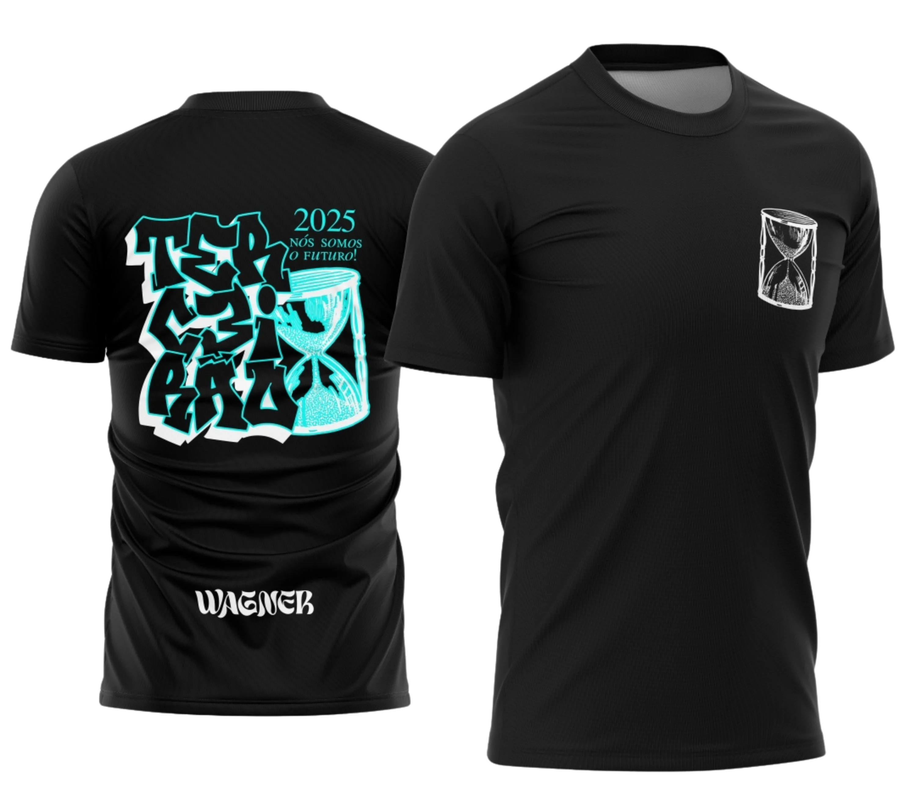 Camisa com logo no peito e estampa grande nas costas em estilo graffiti urbano, com formato ampulheta, destacando cores vibrantes e design moderno para celebrar o Terceirão.
