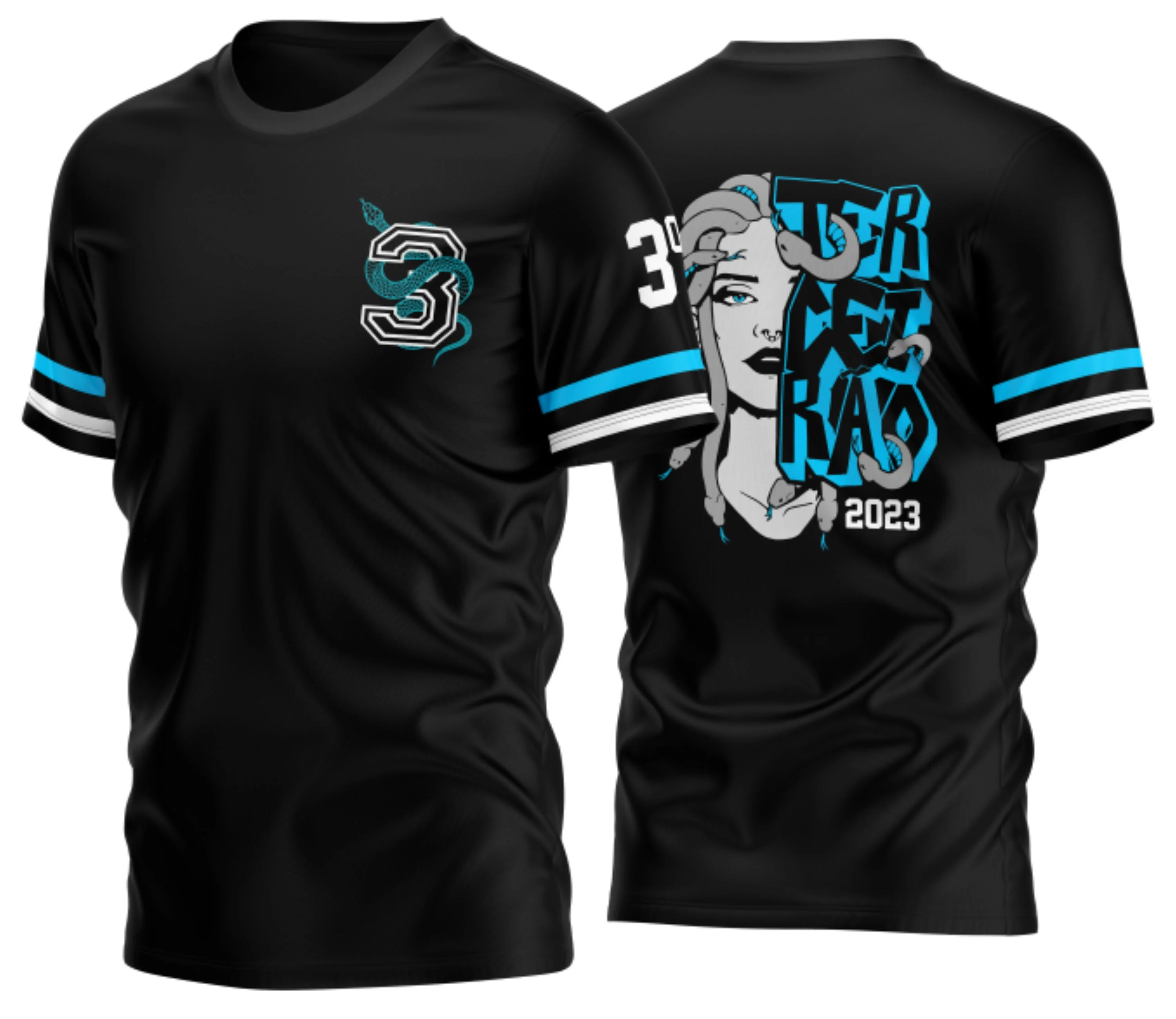 Camiseta unissex preta com logo no peito e estampa grande nas costas do Terceirão Medusa 2026, ideal para estudantes que querem marcar a conclusão do ensino médio.