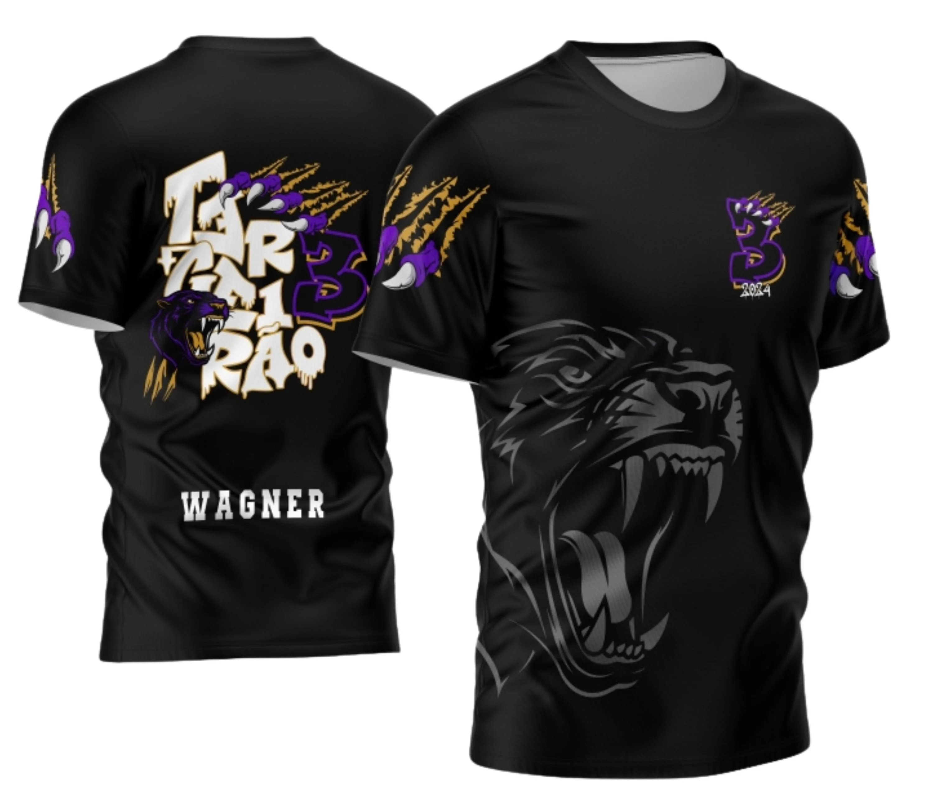 Camisa com logo no peito e estampa grande nas costas, destacando o tema Pantera Negra em um design moderno e ousado para o Terceirão 2026, com cores intensas e detalhes que realçam a identidade da turma.