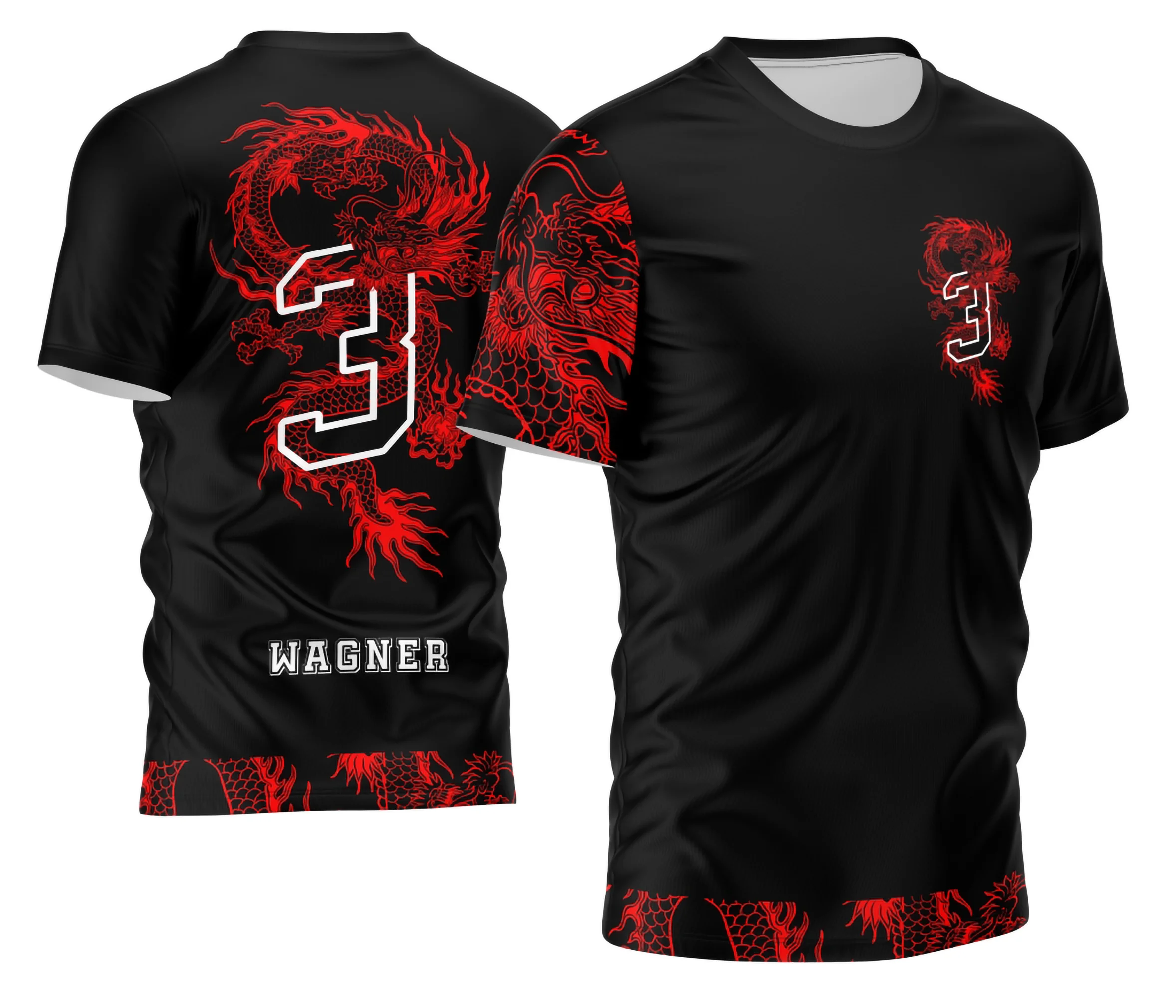 Camisa com logo no peito delicado e estampa grande nas costas mostrando um dragão imponente com detalhes vibrantes e modernos, perfeita para destacar a turma com estilo e personalidade marcante.