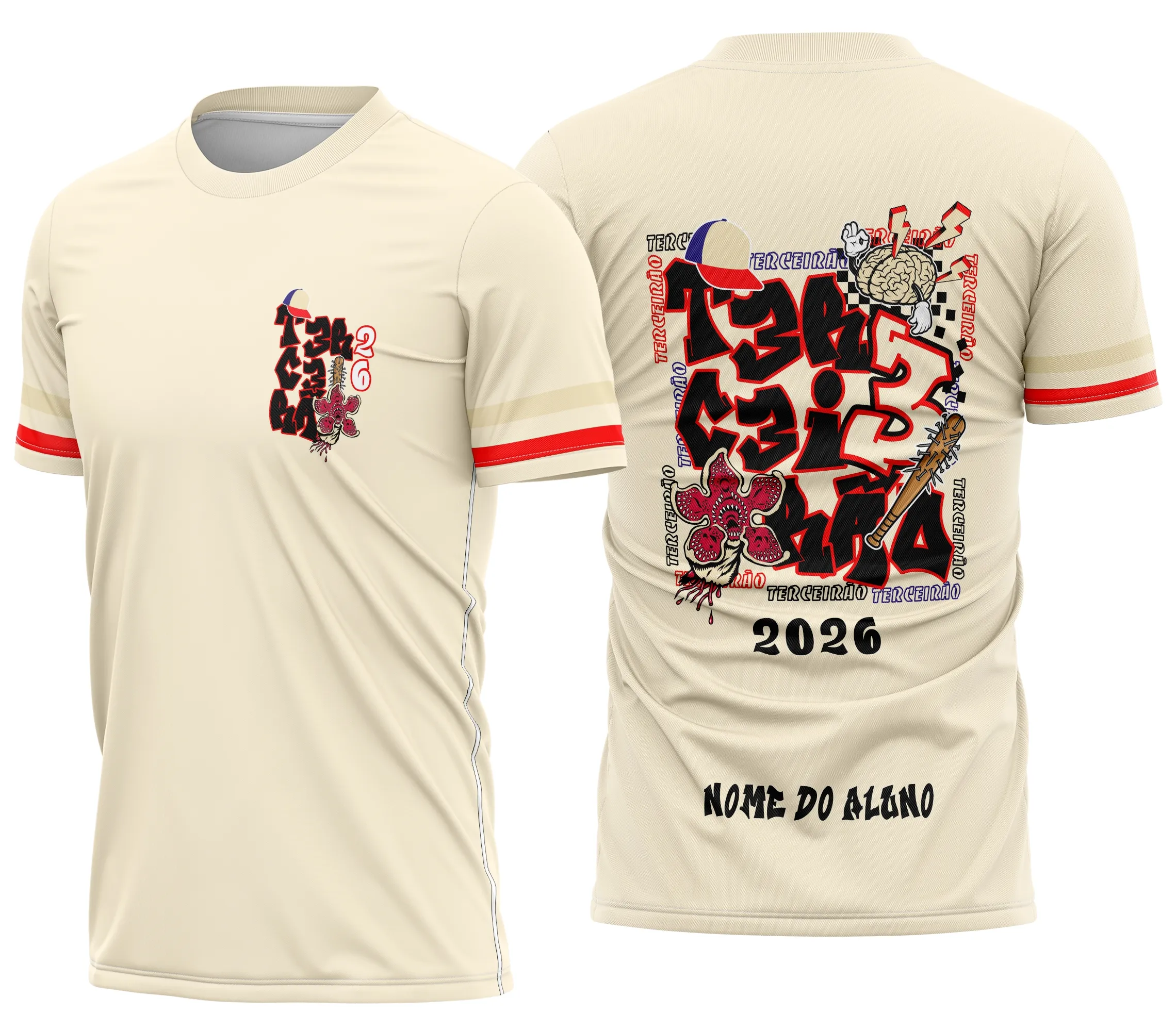 Camisa com logo no peito e estampa grande nas costas ilustrando o Demogorgon da série Stranger Things, perfeita para celebrar o Terceirão com estilo impactante e visual marcante.