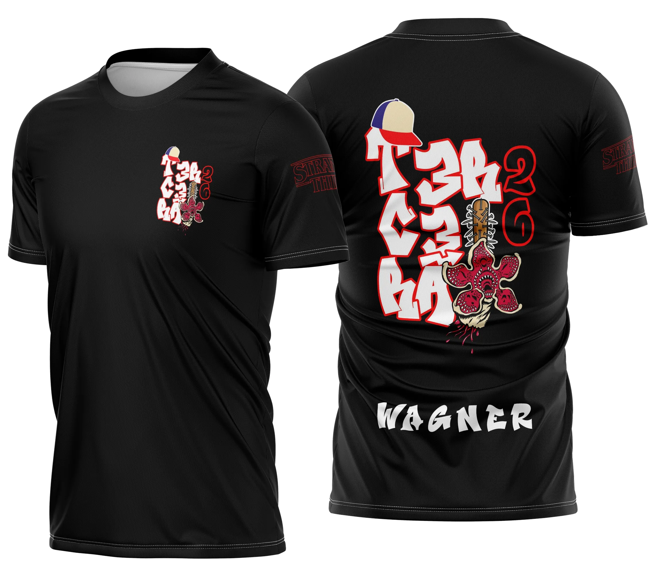 Camiseta unissex preta com logo no peito e estampa grande nas costas do Demogorgon, tema Terceirão Stranger Things, perfeita para fãs da série e jovens em clima de formatura.