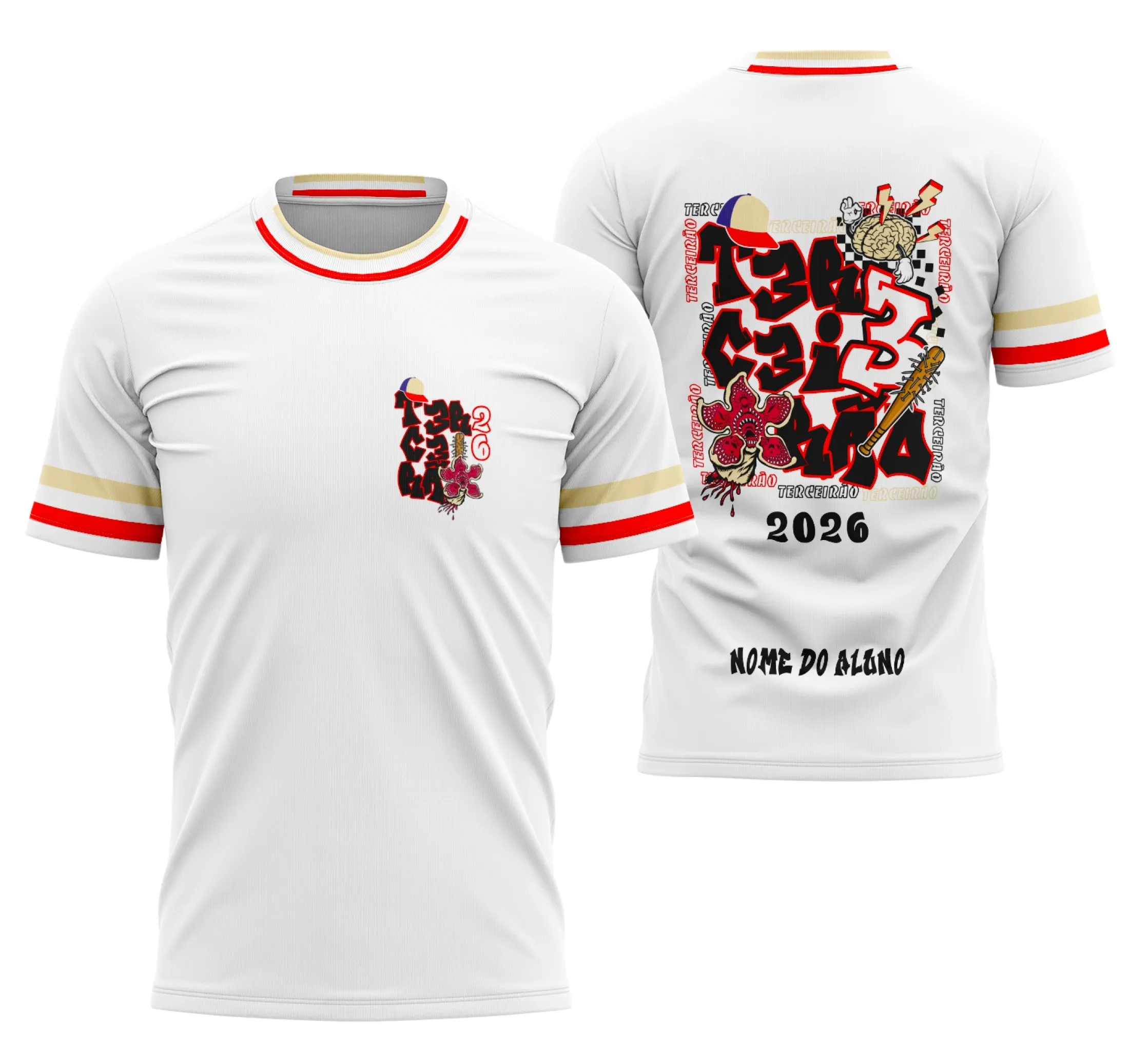 Camisa com logo no peito e estampa grande nas costas apresentando o Demogorgon da série Stranger Things em estilo impactante, ideal para quem busca destaque e conexão com o universo da série.