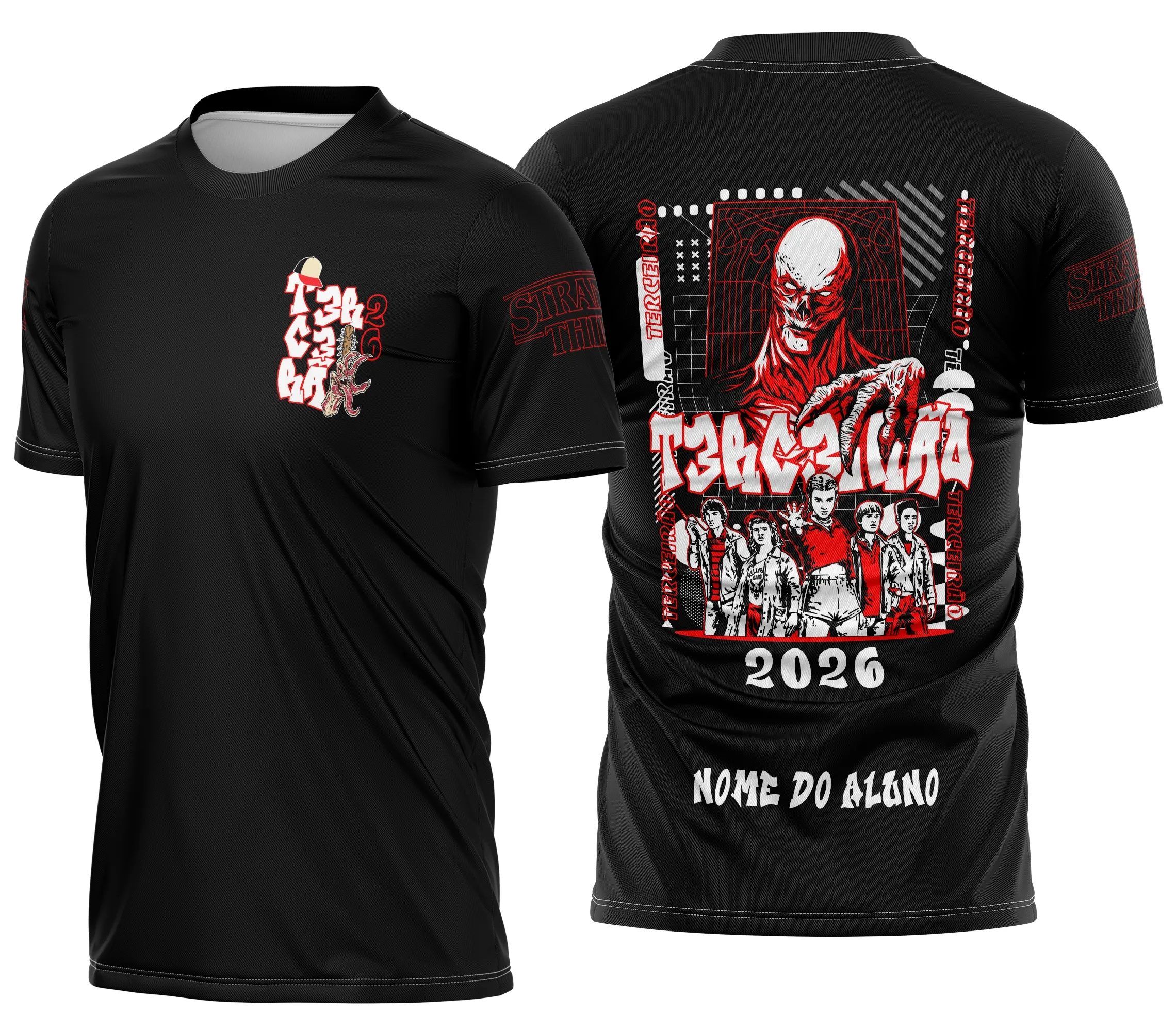 Camiseta unissex preta com logo no peito e estampa grande nas costas temática do Terceirão Vecna Stranger Things Impacto, ideal para fãs e eventos escolares.