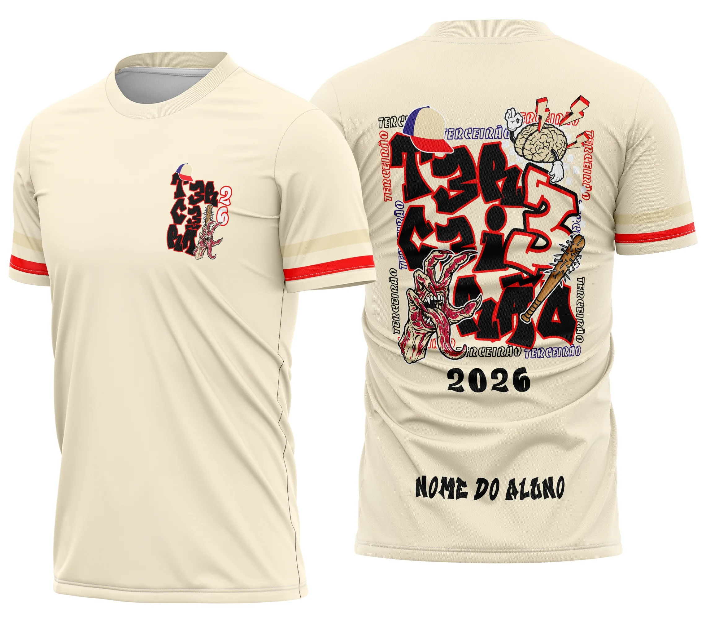 Camisa com logo no peito e estampa grande nas costas inspirada no personagem Vecna da série Stranger Things, design que combina mistério e estilo para fãs do Terceirão.