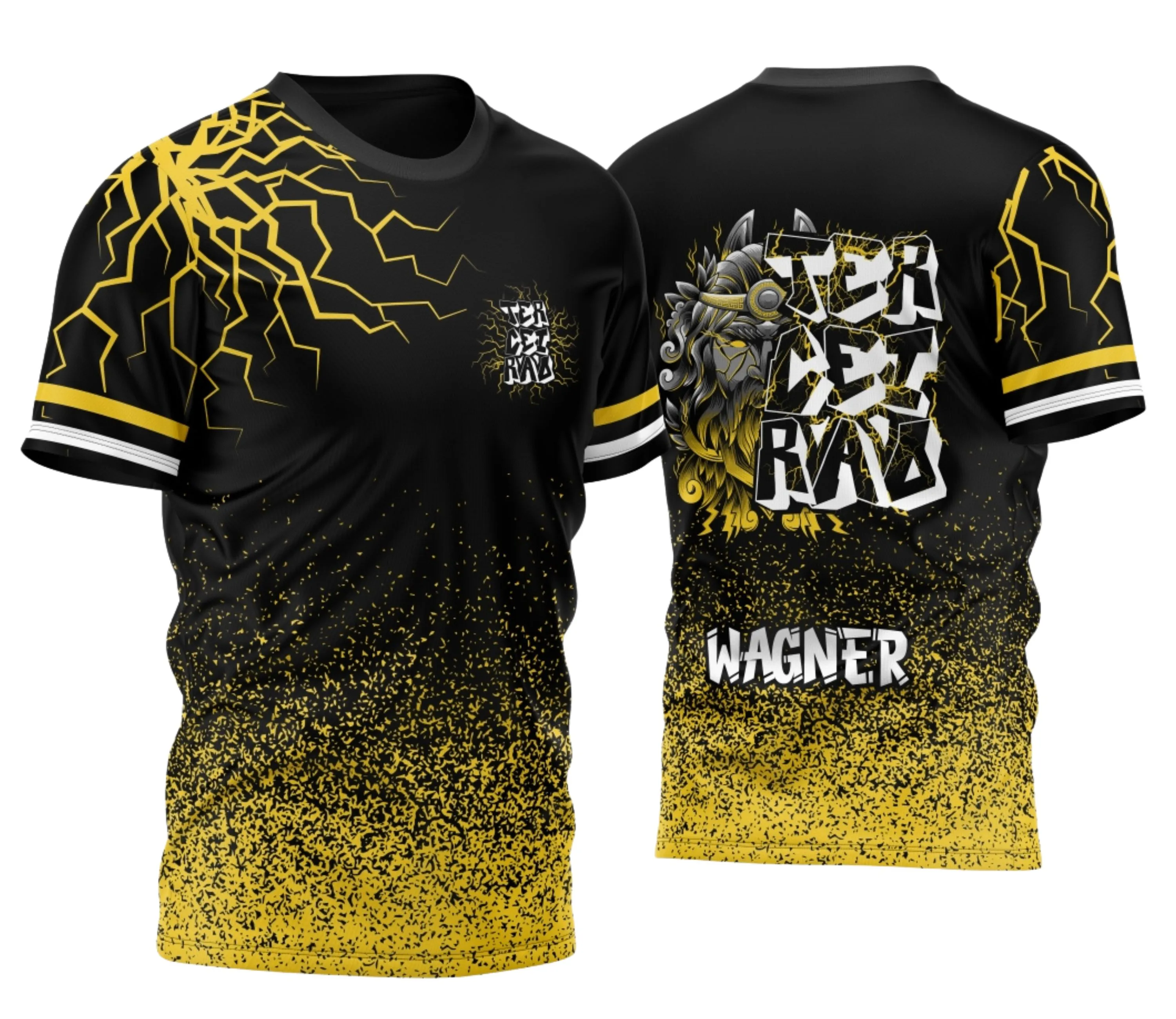 Camisa com logo no peito em destaque e estampa grande nas costas mostrando design marcante e personalizado para turma do Terceirão com tema Zeus em cores vibrantes e estilo único.