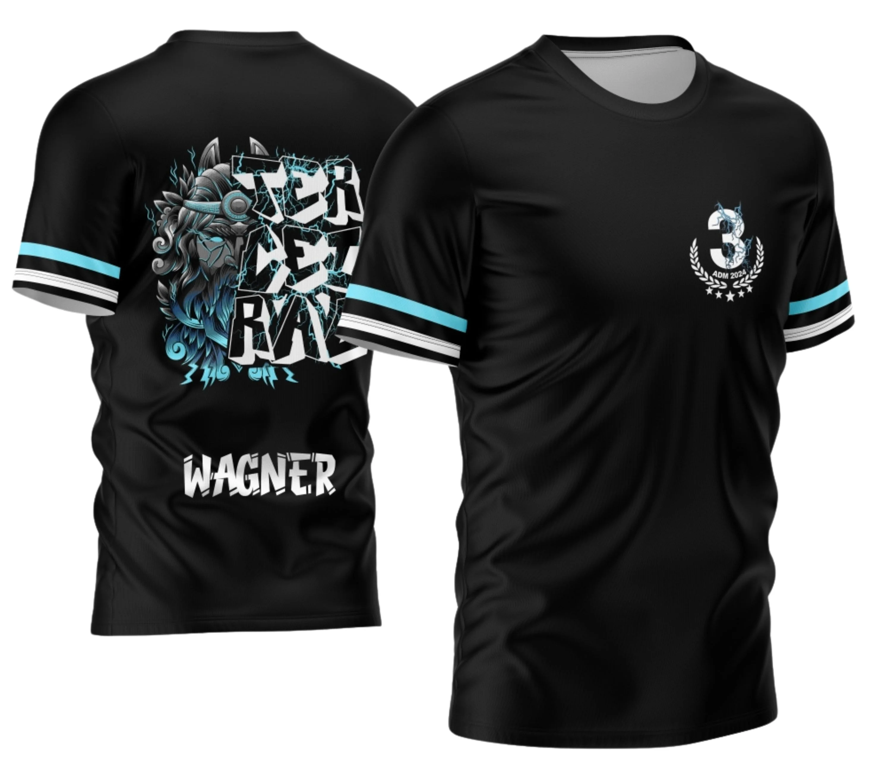 Camisa com logo no peito em destaque e estampa grande nas costas com tema Zeus e raios, ideal para turma do terceirão 2026 com design moderno e impactante.