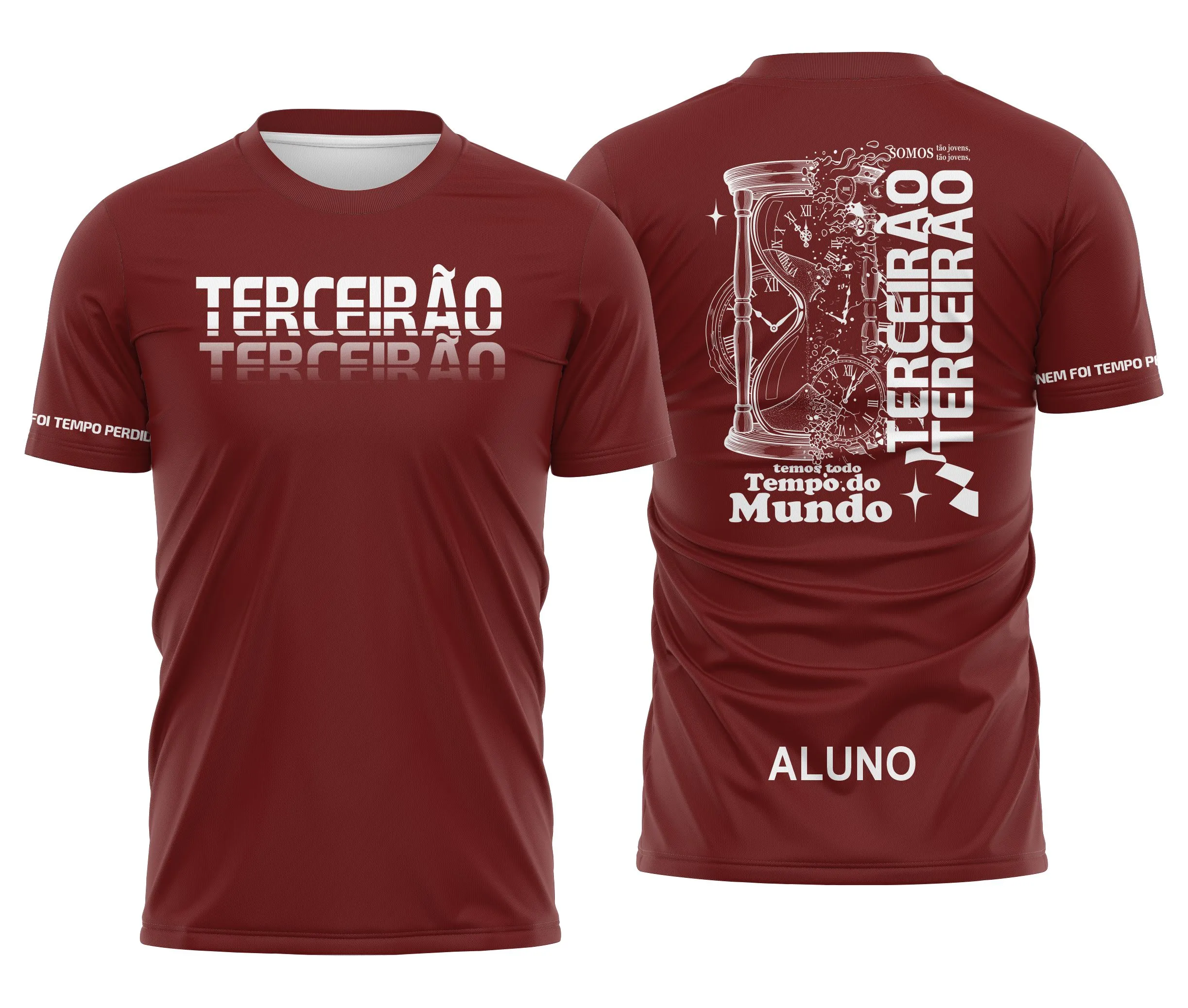 Camiseta unissex preta com logo no peito e estampa grande nas costas com tema Terceirão Tempo Perdido Vinho, perfeita para jovens celebrando o último ano escolar.