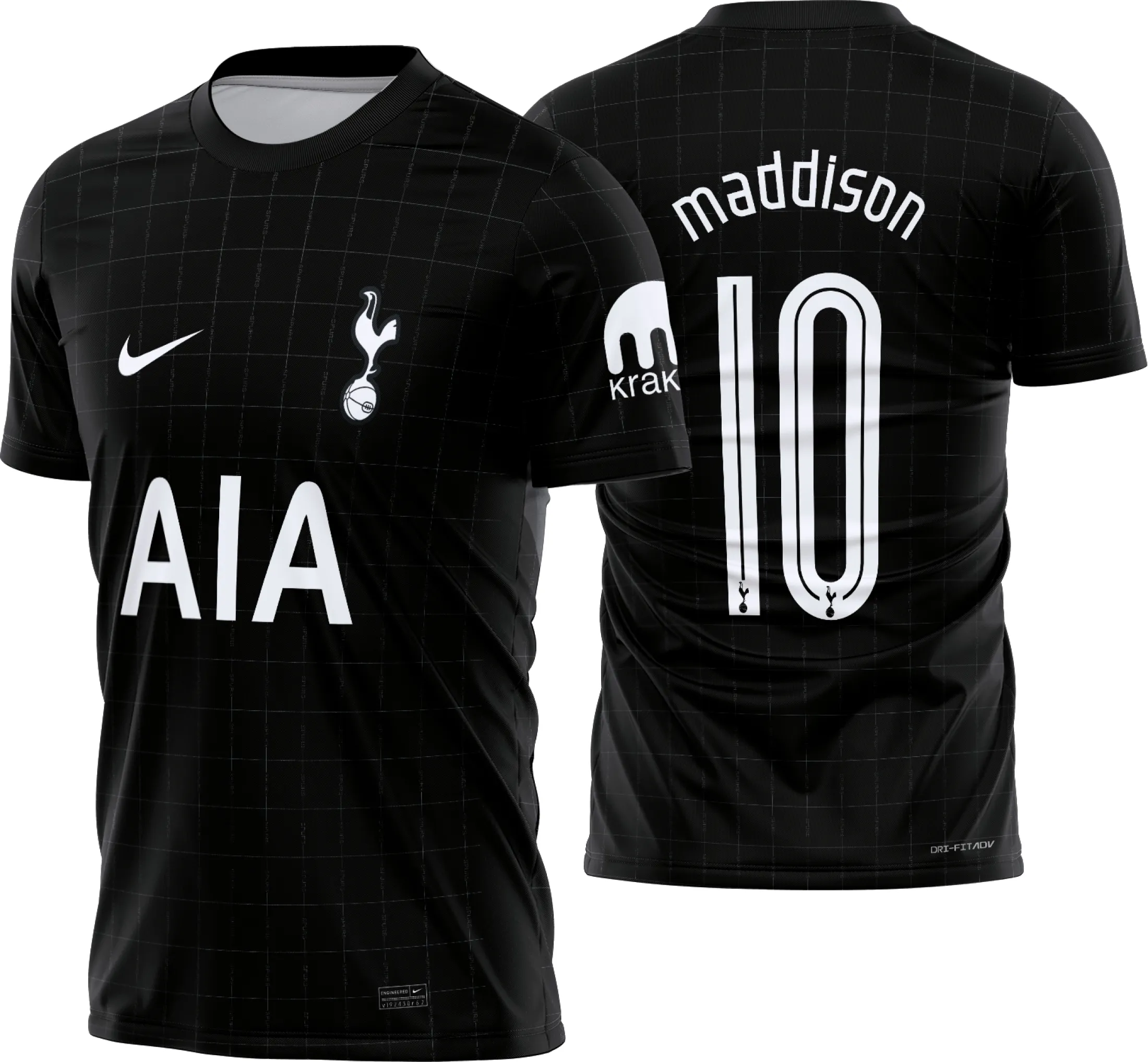 Camiseta unissex preta com logo no peito e estampa grande nas costas tema Tottenham Reserva 2025-26, perfeita para fãs do time e estilo moderno