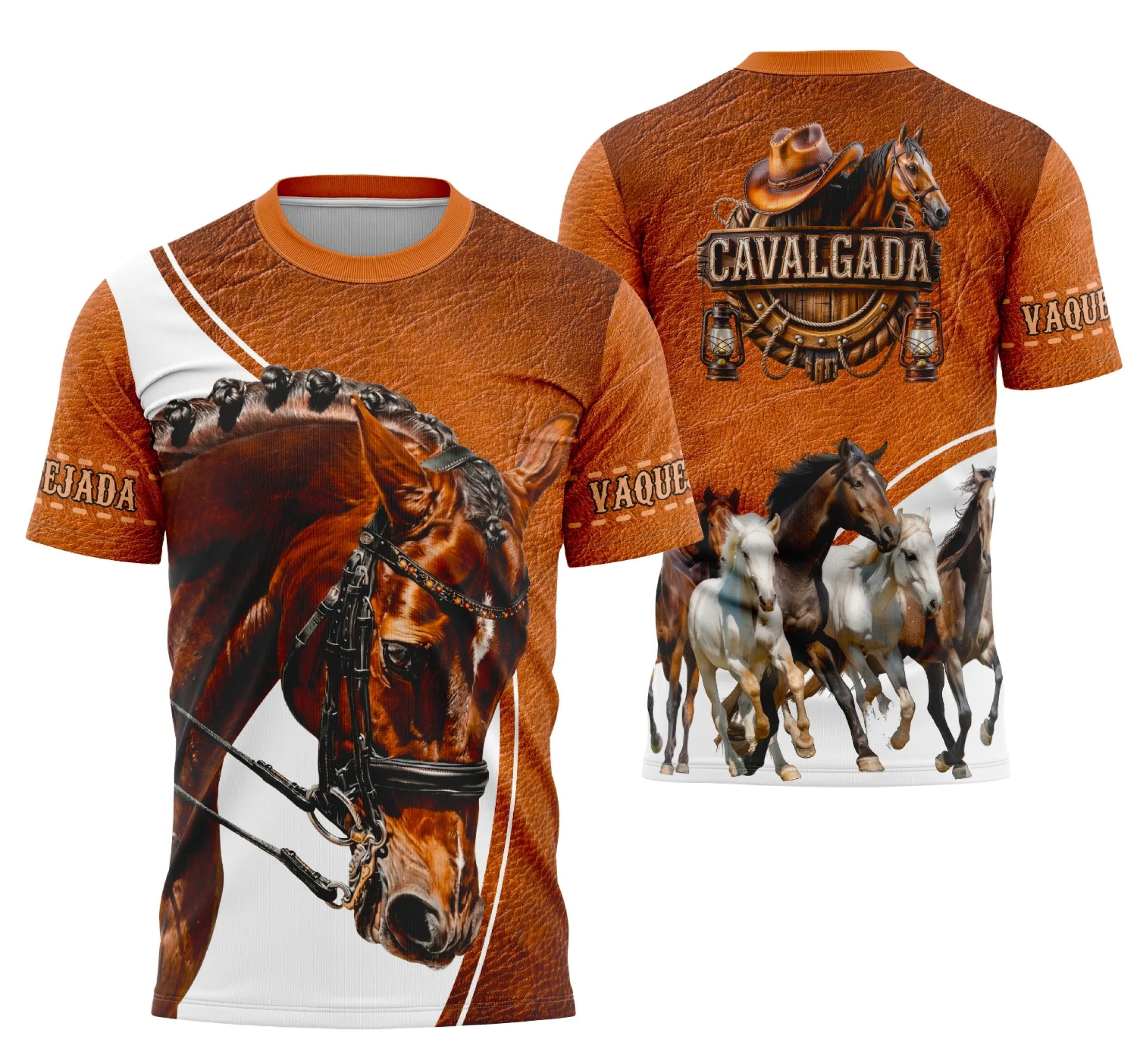 Camiseta unissex branca com logo no peito e estampa grande nas costas com tema de vaquejada, cavalgada e rodeio, perfeita para fãs do universo sertanejo.