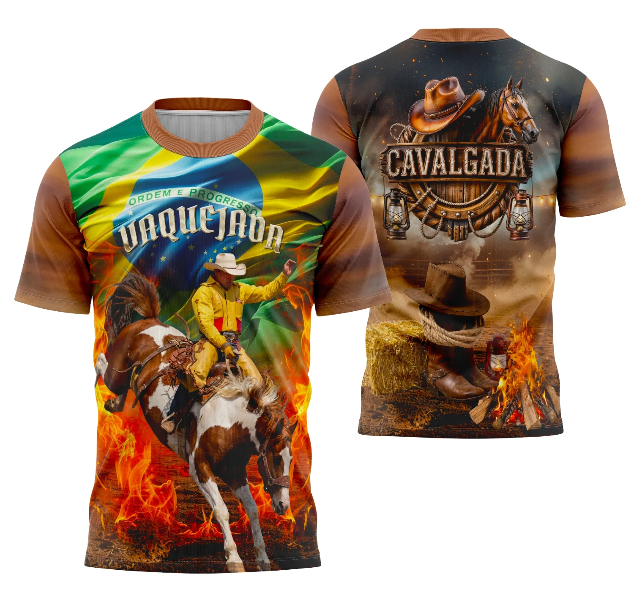 Camiseta unissex preta com logo no peito e estampa grande nas costas destacando o tema Vaquejada, Cavalgada e Rodeio, ideal para fãs e participantes desses eventos.