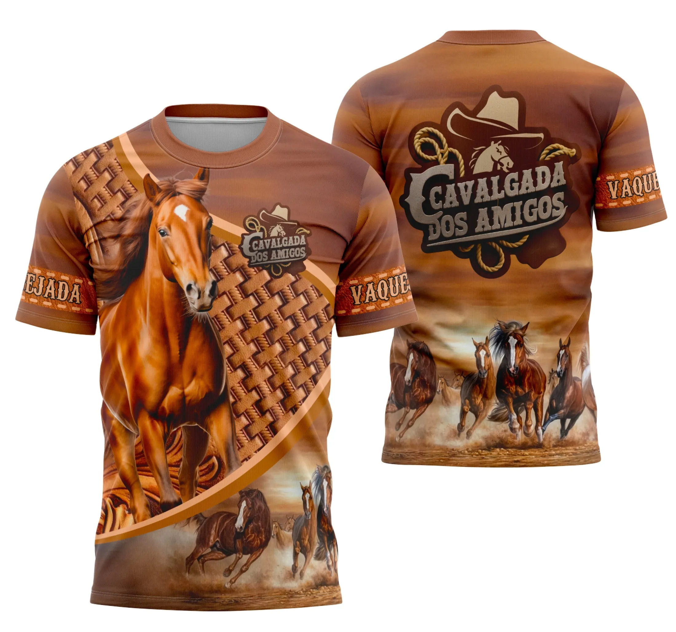 Camiseta unissex preta com logo no peito e estampa grande nas costas sobre o tema Camisa Vaquejada Cavalgada Rodeio Personalizada, ideal para uso em festas e eventos rurais.