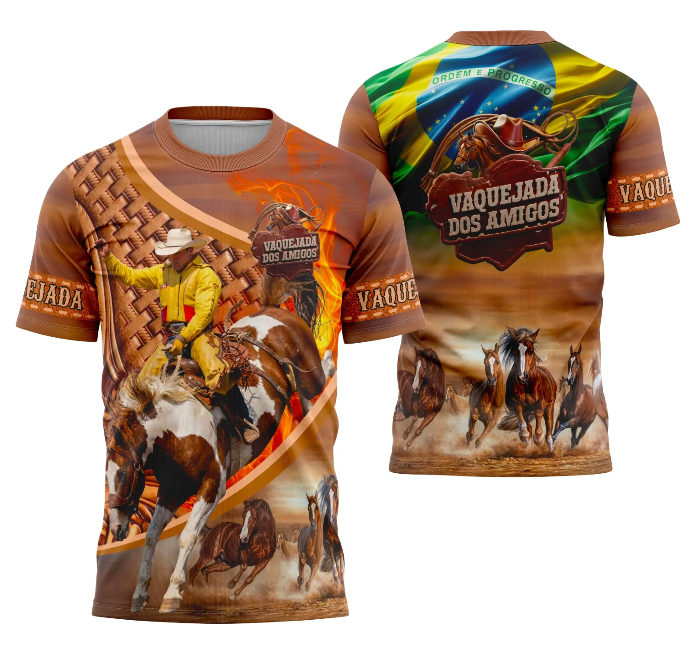 Camiseta unissex preta com logo no peito e estampa grande nas costas, tema Vaquejada Cavalgada Rodeio, visual marcante e perfeito para fãs do universo do rodeio.