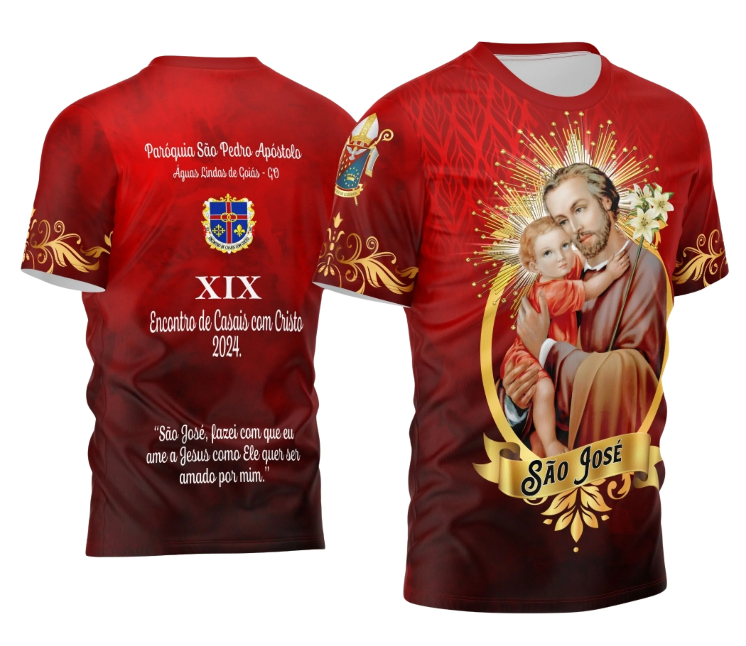 Camisa com logo no peito e estampa grande nas costas, destacando uma representação religiosa de São José com detalhes clássicos e design impactante, ideal para expressar fé e estilo com personalidade.