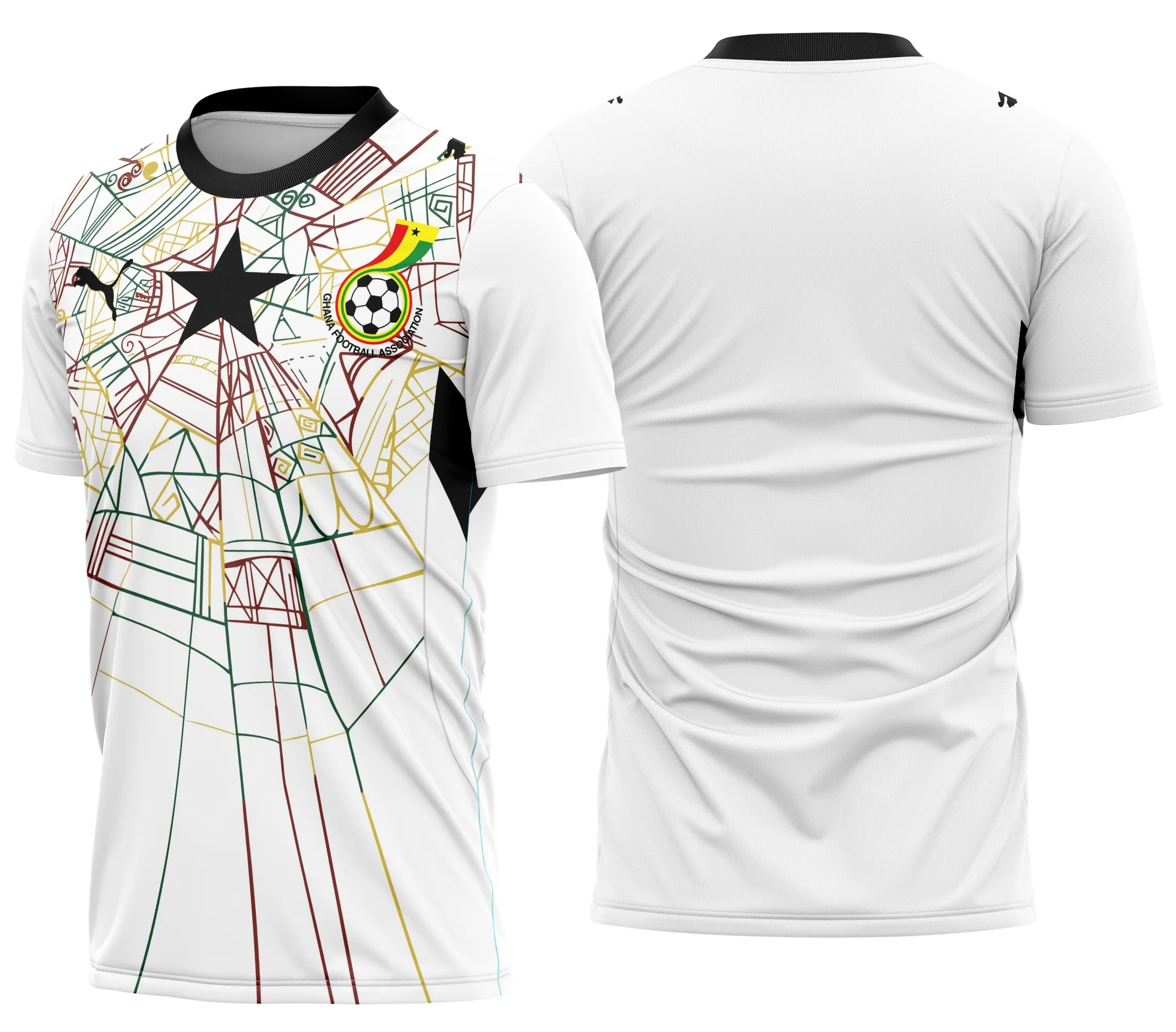 Camiseta unissex preta com logo no peito e estampa grande nas costas exibindo o tema Gana Kit Casa 2026, perfeita para torcedores e fãs do time.