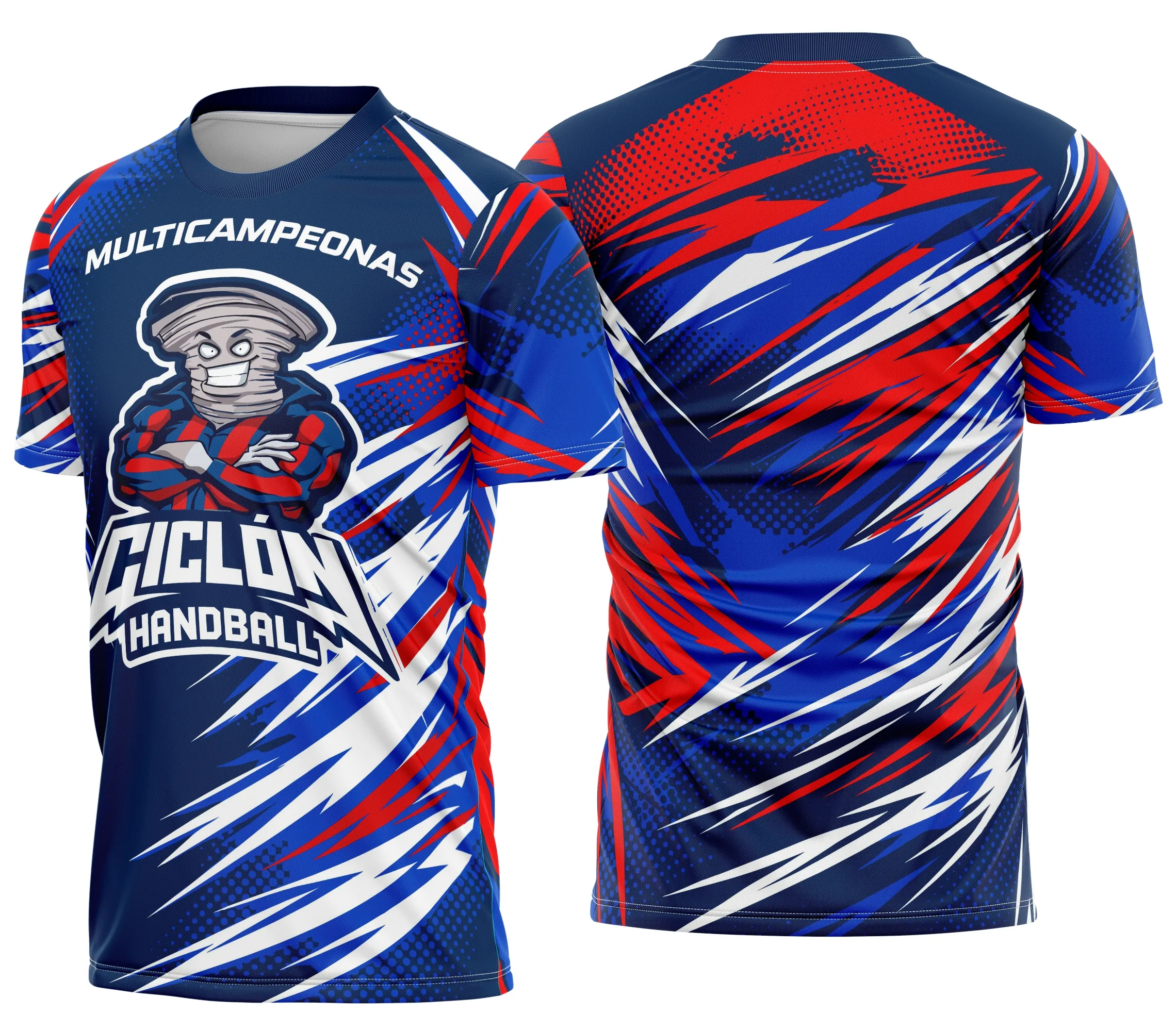 Camiseta unissex preta com logo no peito e estampa grande nas costas sobre o tema CICLON Handball Multicampeãs, ideal para quem ama handball e esportes, com design marcante e esportivo.