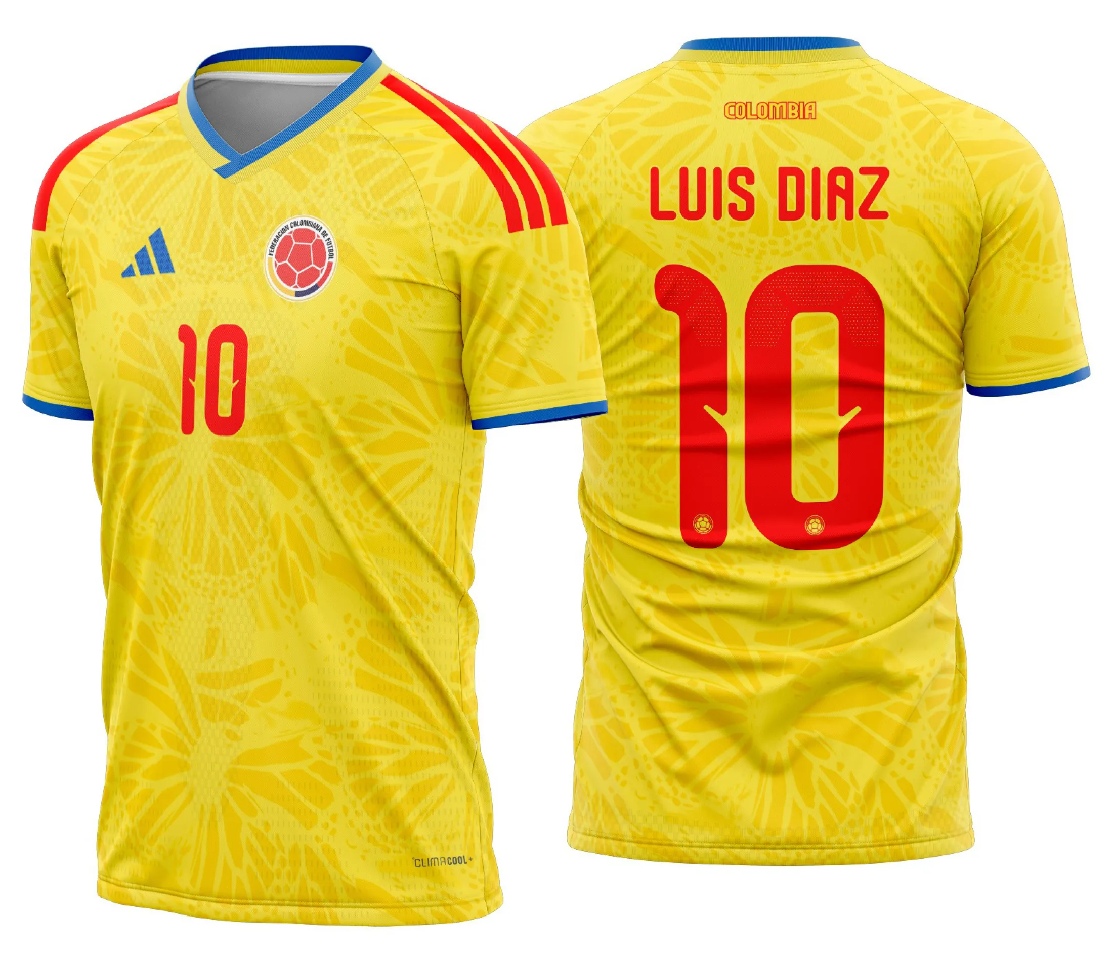 Camiseta unissex branca com logo da seleção da Colômbia no peito e estampa grande nas costas destacando o time titular da Copa do Mundo 2026, design moderno e vibrante.