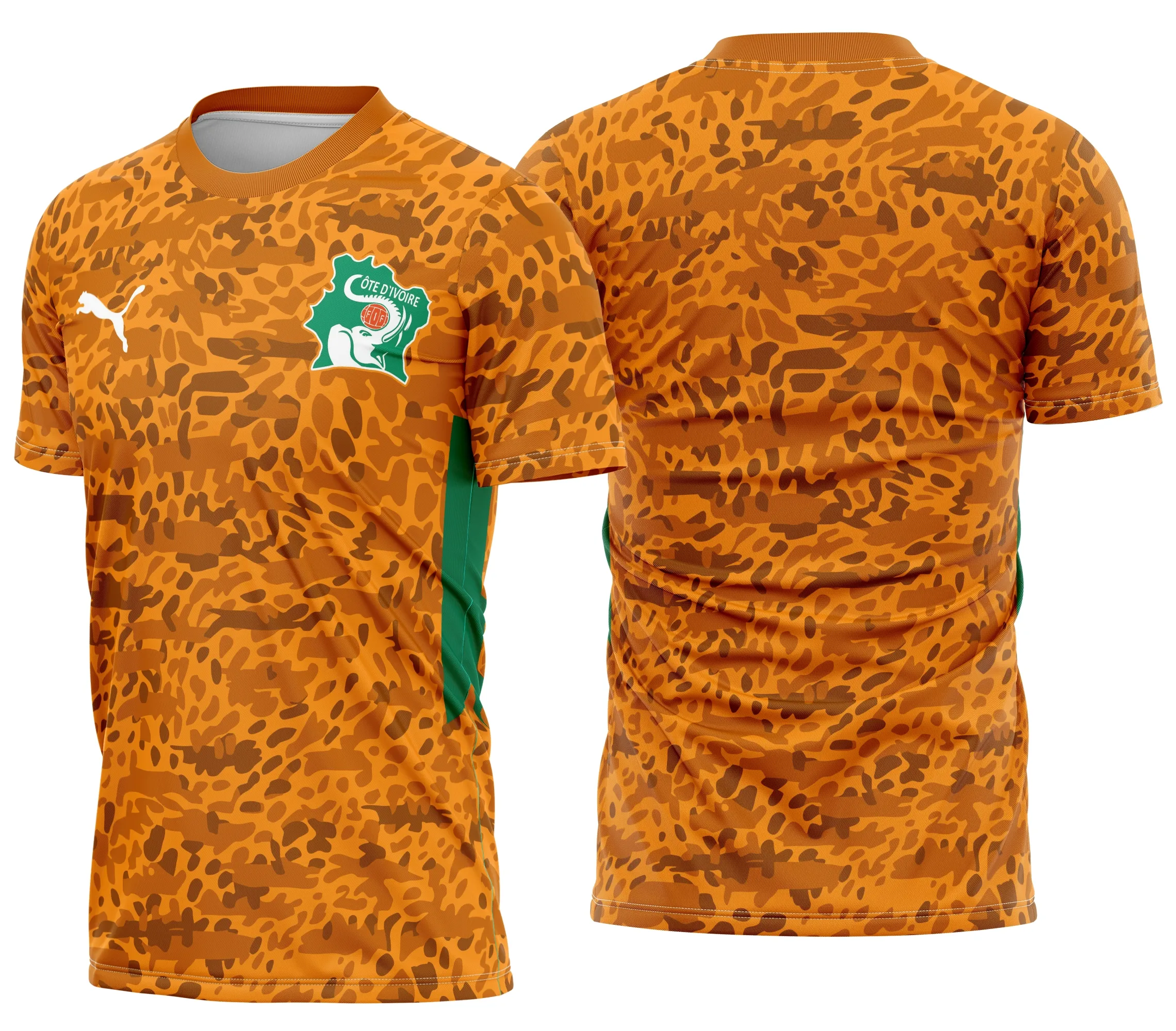 Camiseta unissex branca com logo no peito e estampa grande nas costas retratando o time Costa do Marfim Home Kit 2026