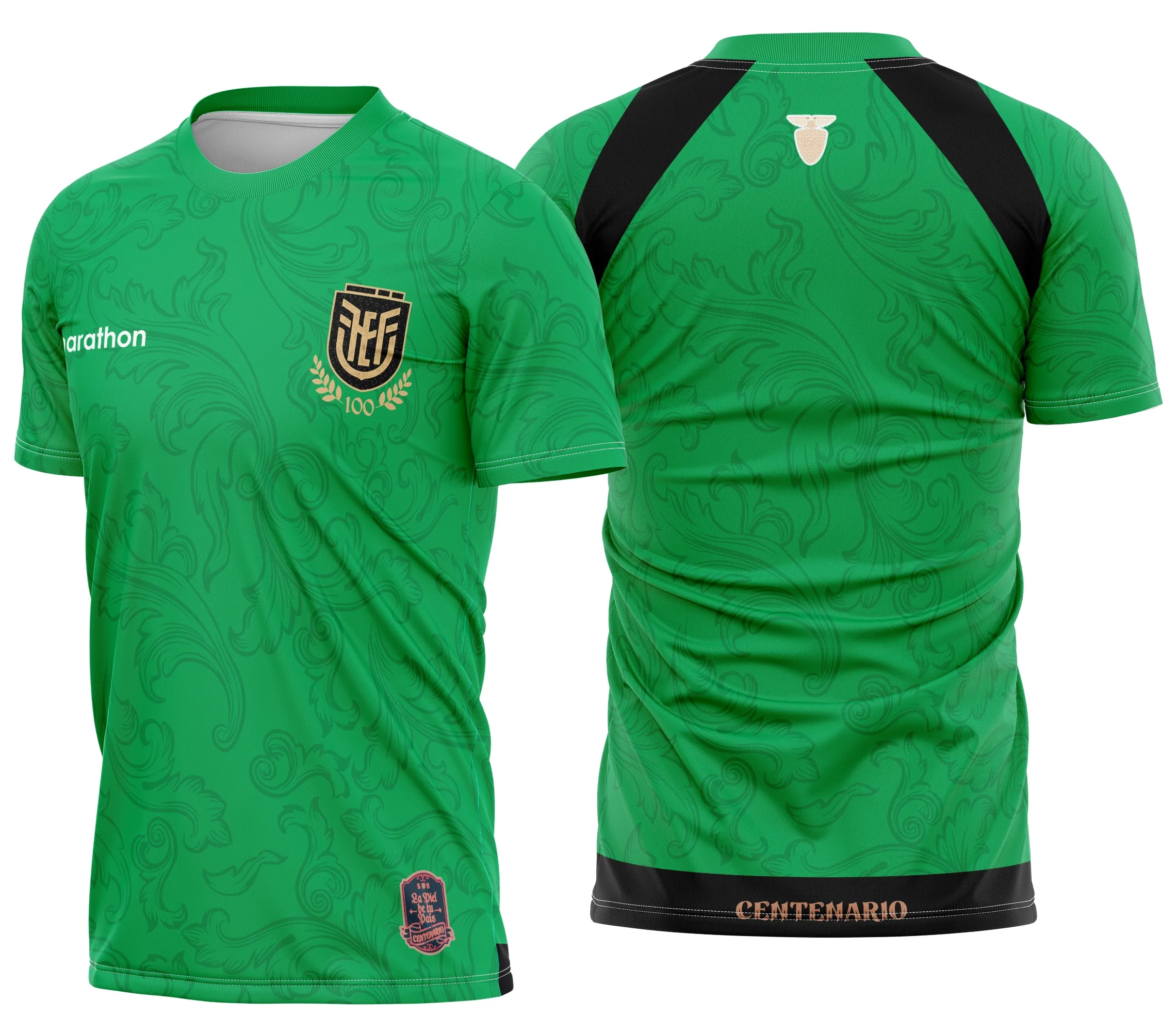 Camiseta unissex preta com logo no peito e estampa grande nas costas do Equador Goleiro Centenário 2025, perfeita para torcedores que buscam estilo e identidade única.