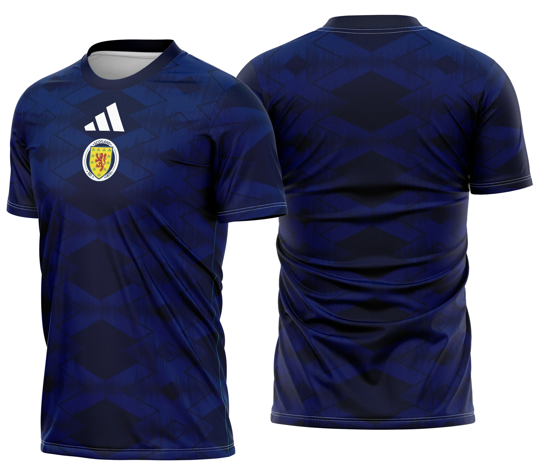Camiseta unissex preta com logo no peito e estampa grande nas costas inspirada no Escócia Home Kit 2026, destacando detalhes do uniforme oficial de futebol.