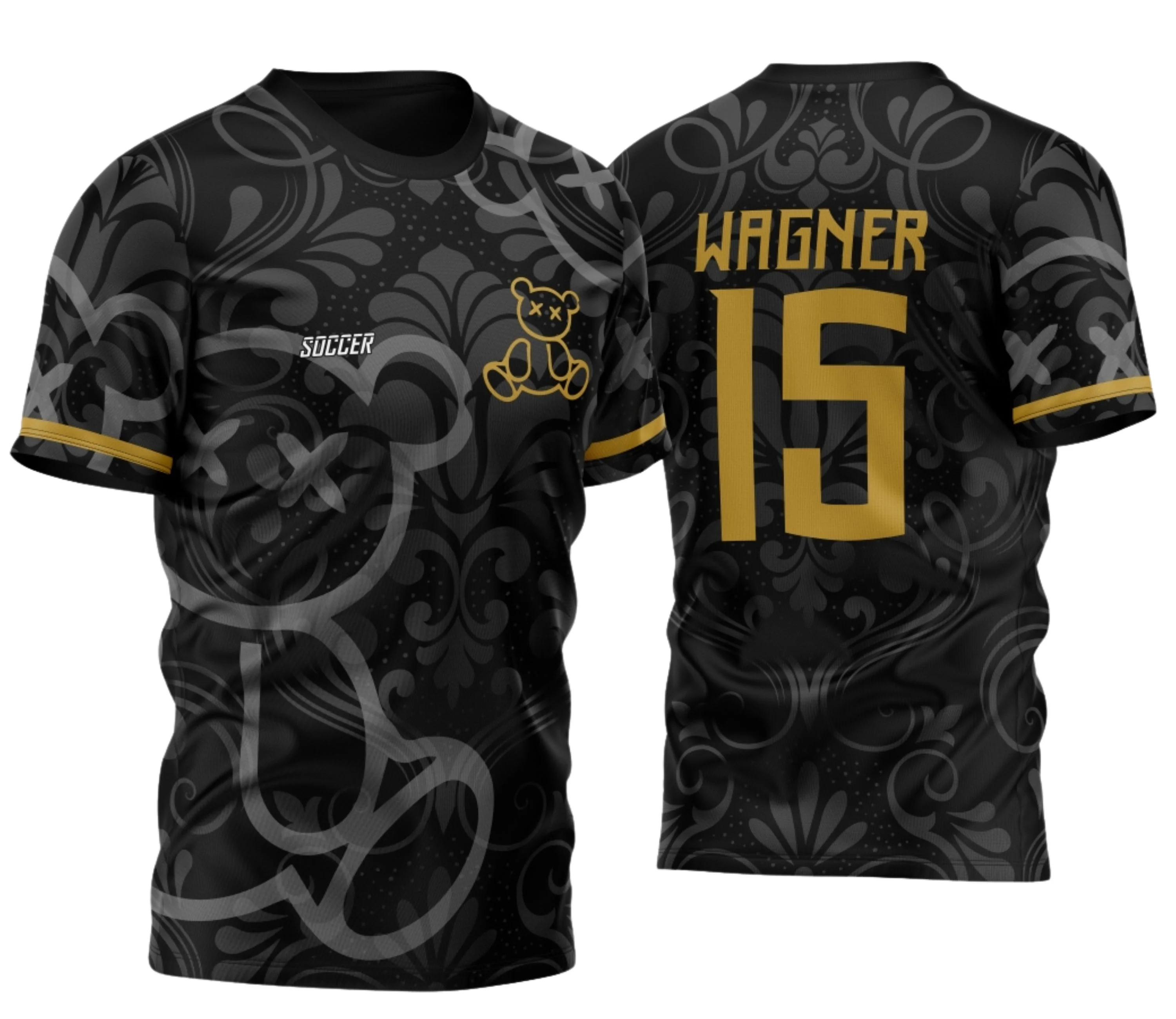 Camiseta unissex branca com logo no peito e estampa grande nas costas mostrando tema Formandos Urso 2026, design moderno e alegre, perfeita para festas de formatura.