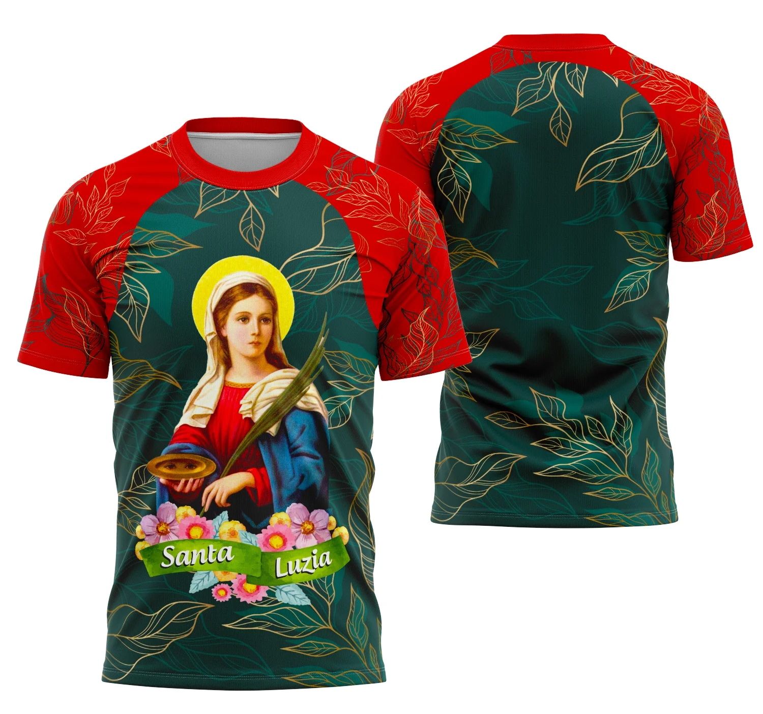 Camiseta unissex branca com logo no peito e estampa grande nas costas, tema Santa Luzia 2024 Modelo 02, design moderno e atraente para uso casual e eventos.