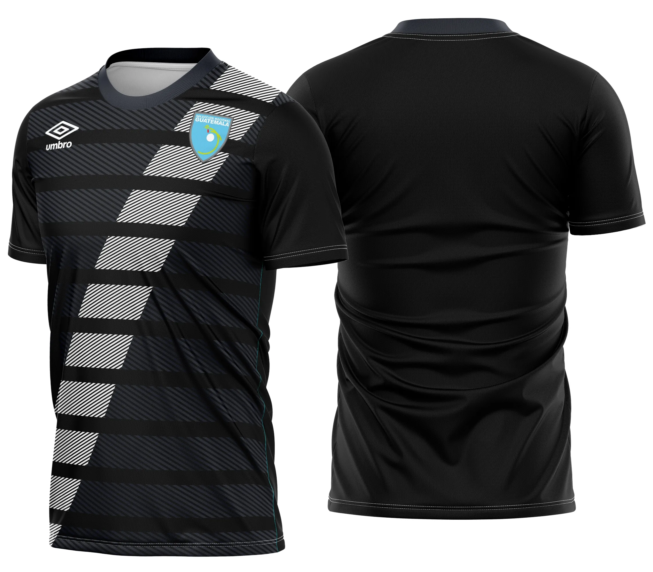 Camiseta unissex preta com logo no peito e estampa grande nas costas baseada no Guatemala Terceiro Kit 2020-21, ideal para fãs do futebol e colecionadores.