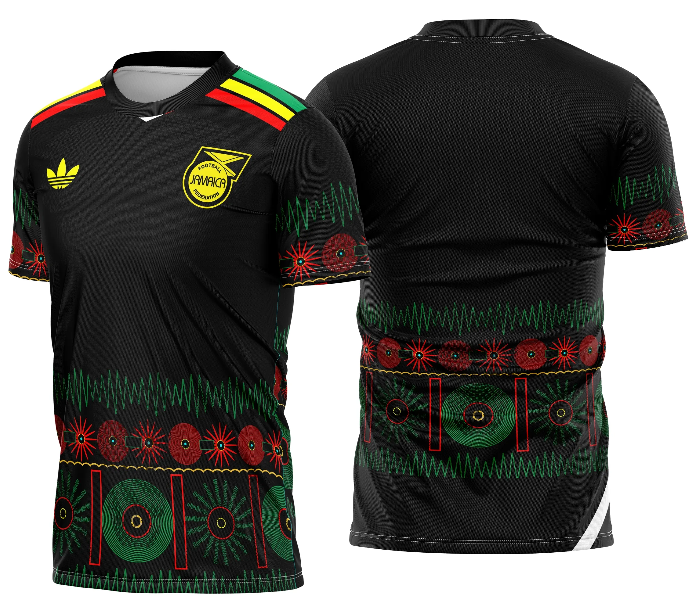 Camiseta unissex preta com logo no peito e estampa grande nas costas da Jamaica Uniforme Reserva 2026, mostrando design marcante e moderno para fãs e colecionadores.
