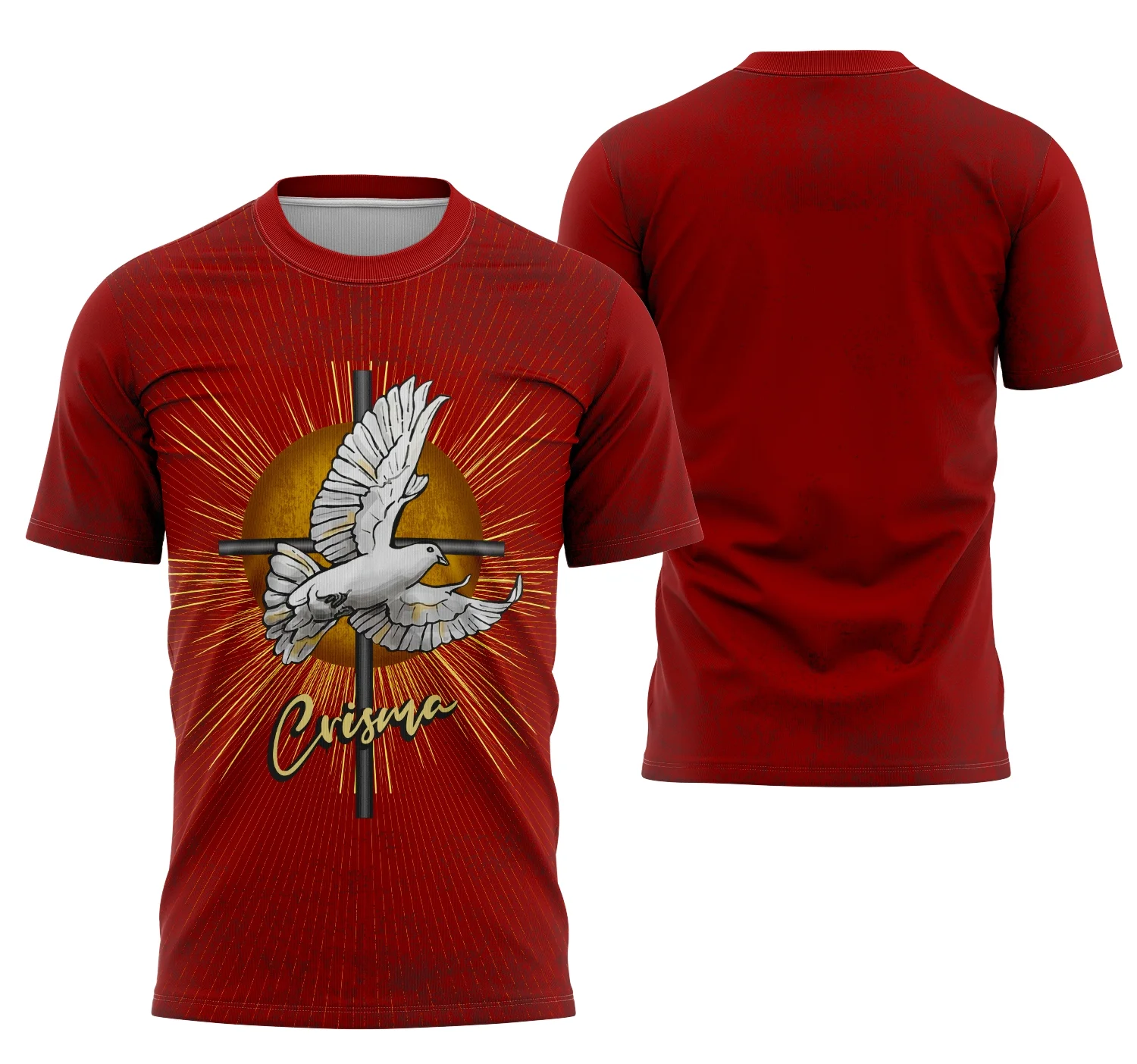 Foto da camisa com logo no peito e estampa grande nas costas mostrando o Espírito Santo de forma elegante e simbólica, perfeita para eventos religiosos e celebrações de Crisma.