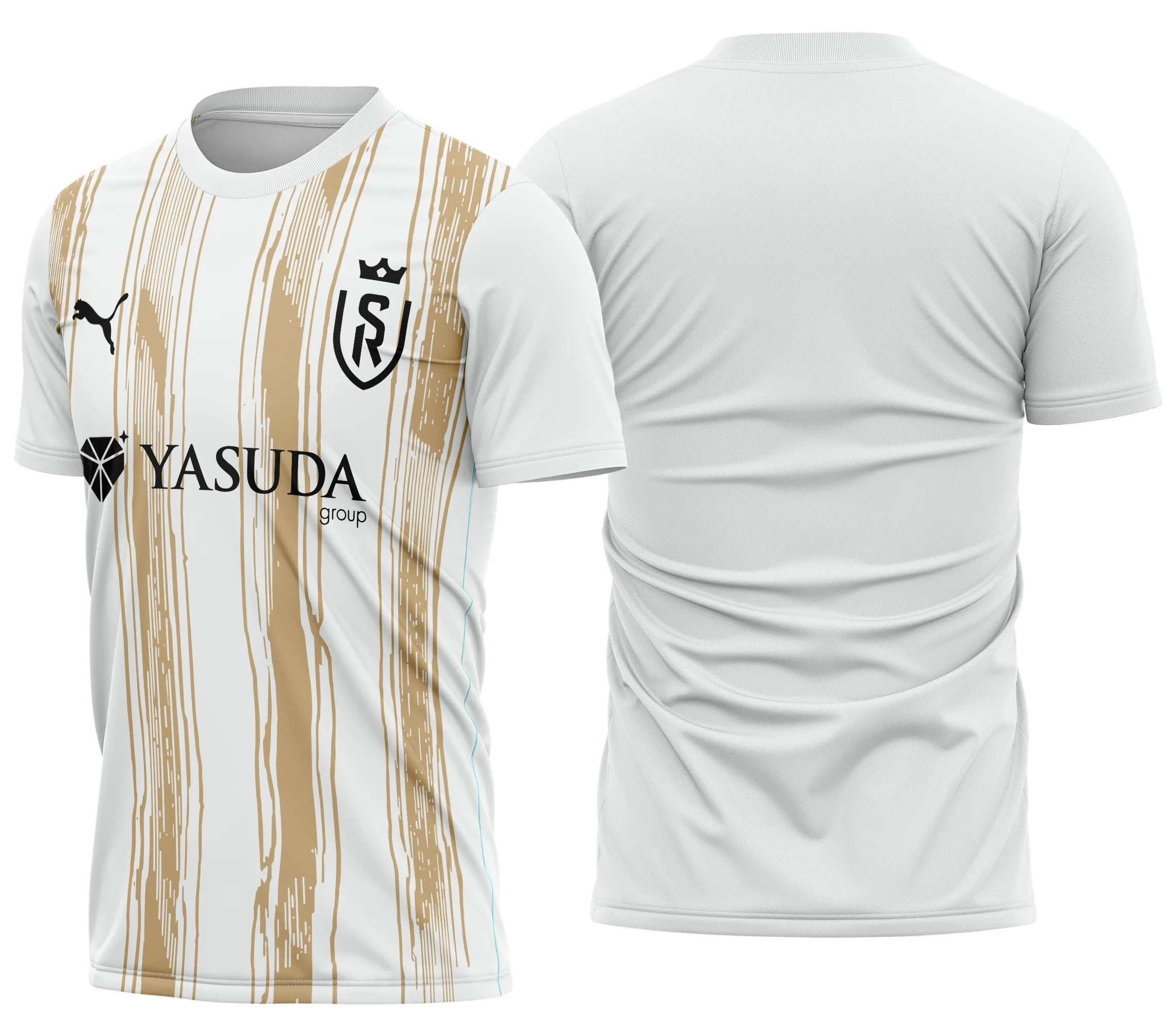 Camiseta unissex preta com logo no peito e estampa grande nas costas do uniforme reserva Stade Reims 25-26, ideal para fãs e colecionadores do time francês.