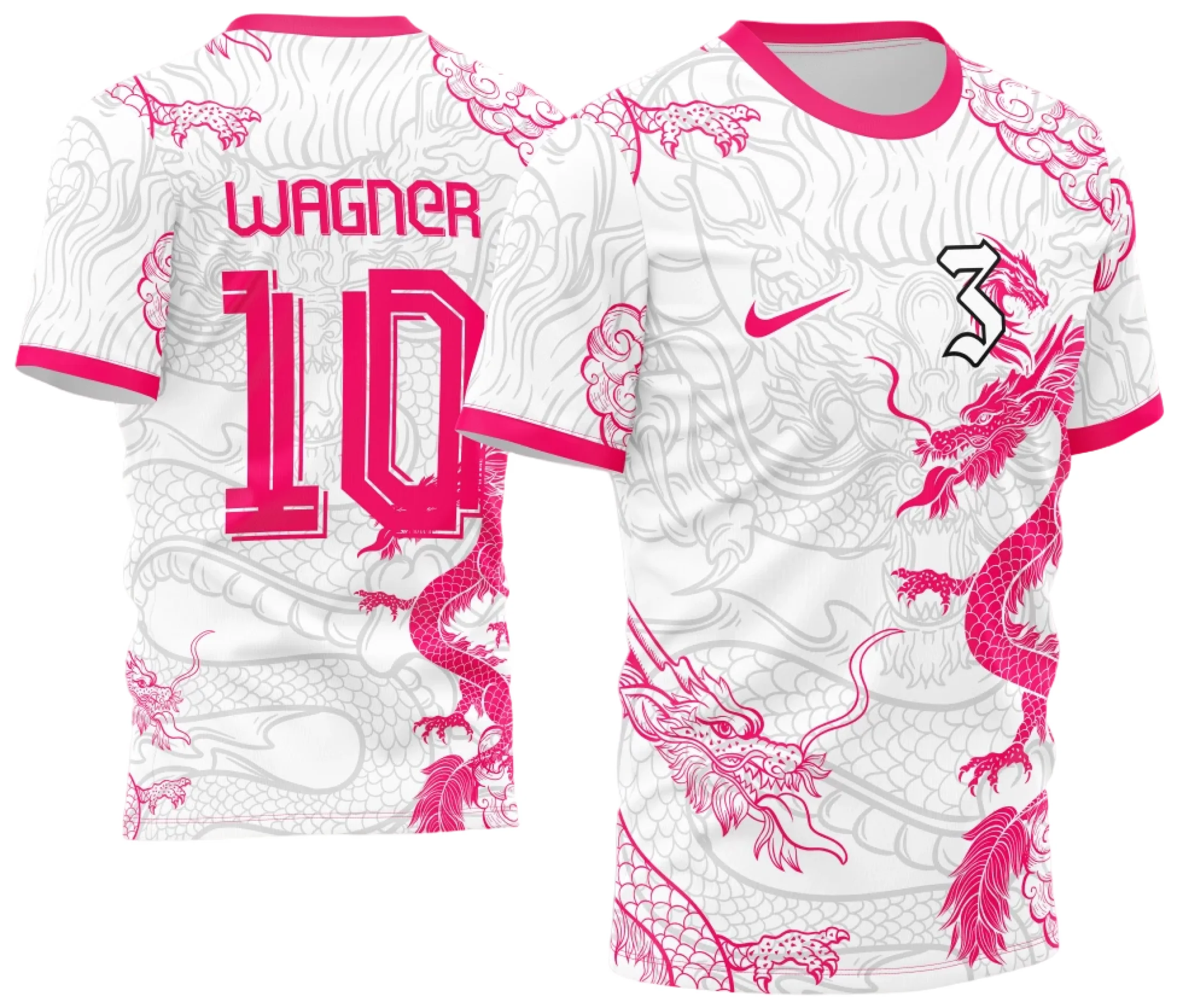 Camiseta unissex preta com logo no peito e estampa grande nas costas de futebol interclasse dragão pink white, design moderno e vibrante, ideal para eventos esportivos e times.