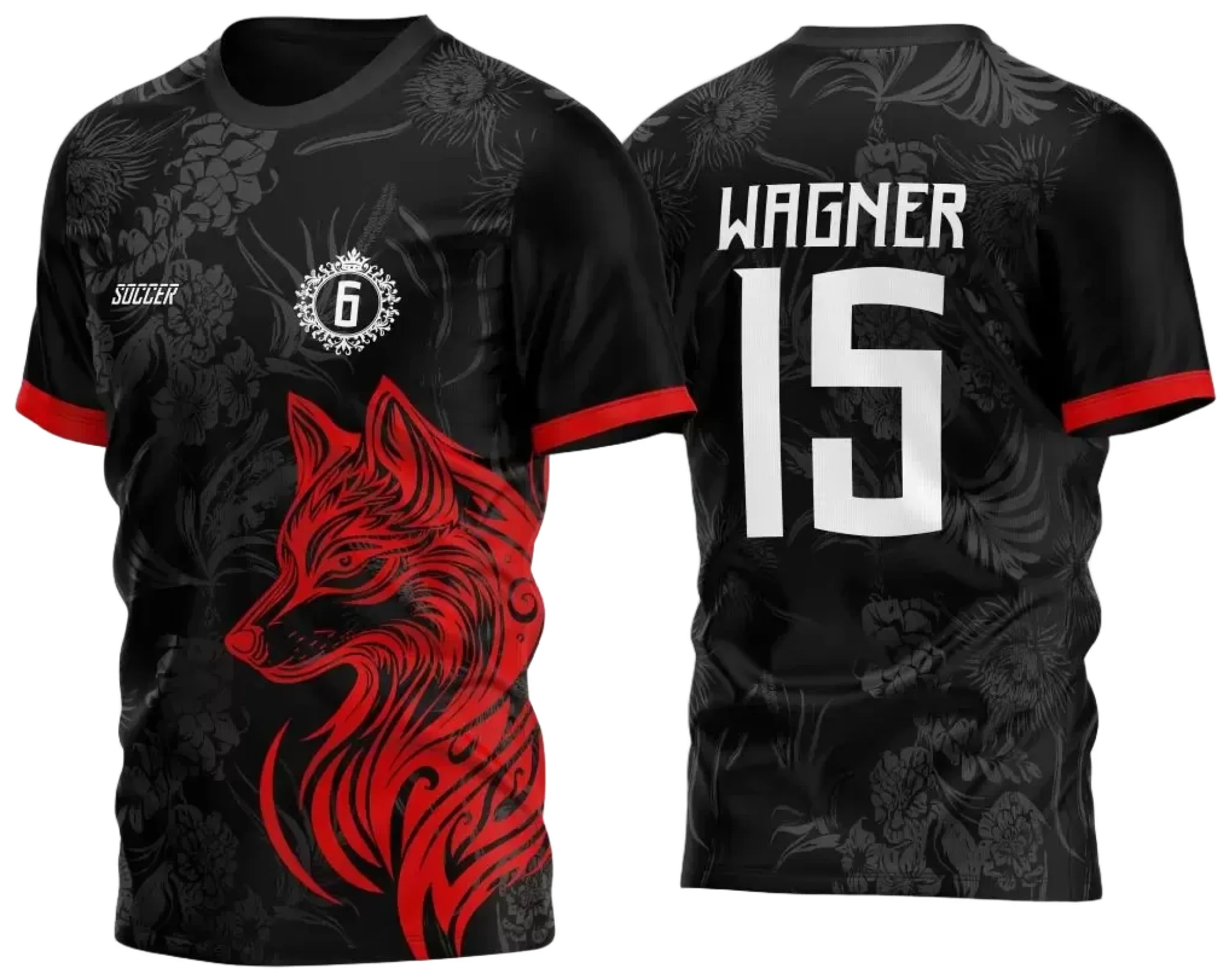 Camiseta unissex preta com logo no peito e estampa grande nas costas com tema de lobo vermelho tribal inspirado em futebol interclasse.