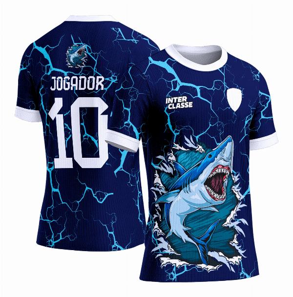 Camisa Interclasse Estampa Vetor Tubarão Fundo Azul