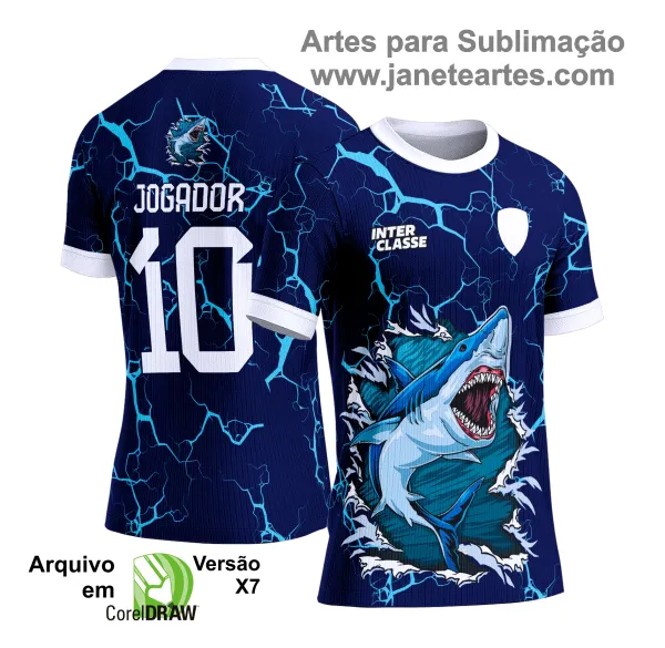 Camisa Interclasse Estampa Vetor Tubarão Fundo Azul