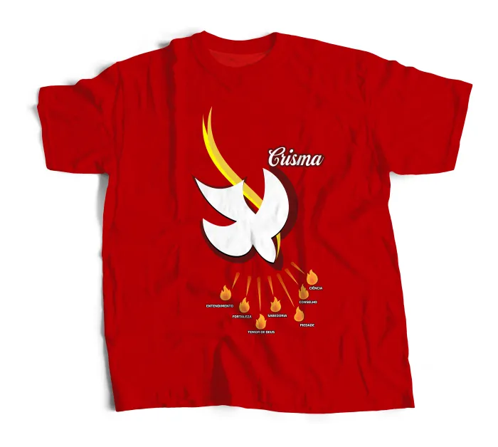 Camiseta unissex preta com logo no peito e estampa grande nas costas do tema Crisma Modelo 01.