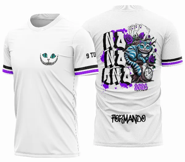 Camiseta unissex branca com logo no peito e estampa grande nas costas do gato inspirado em Alice no País das Maravilhas, design para nona série.