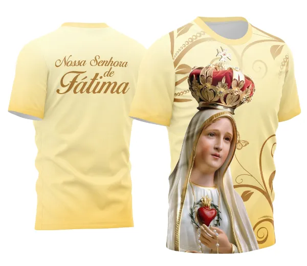 Camisa com logo da Nossa Senhora de Fátima logo no peito e estampa grande nas costas mostrando uma imagem detalhada e inspiradora, ideal para expressar fé e devoção em alto estilo.