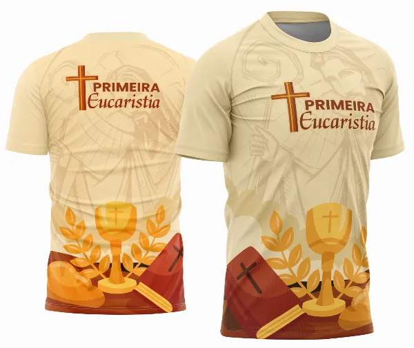 Camisa com logo no peito e estampa grande nas costas, com design religioso elegante que celebra a Primeira Eucaristia, perfeita para ocasiões especiais e eventos religiosos.