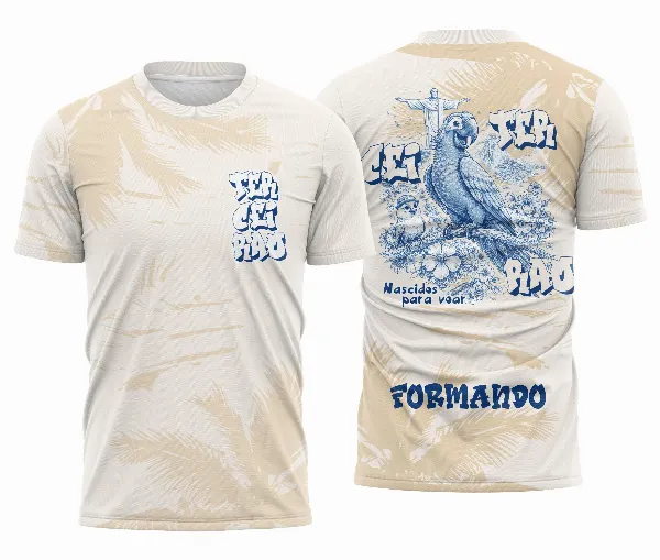 Camiseta unissex preta com logo no peito e estampa grande nas costas representando Arara Azul Rio Cristo, ideal para eventos de formatura e celebração do Terceirão.