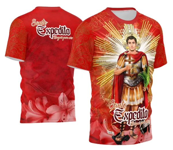 Camisa com logo no peito destacado e estampa grande nas costas apresentando o Santo Expedito em design vibrante e religioso, ideal para quem valoriza fé e estilo com um toque espiritual marcante nas costas.