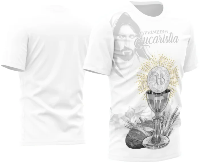 Camisa com logo no peito delicado e estampa grande nas costas destacando símbolos religiosos para a Primeira Eucaristia 2025, em design elegante e inspirador, ideal para ocasião especial.