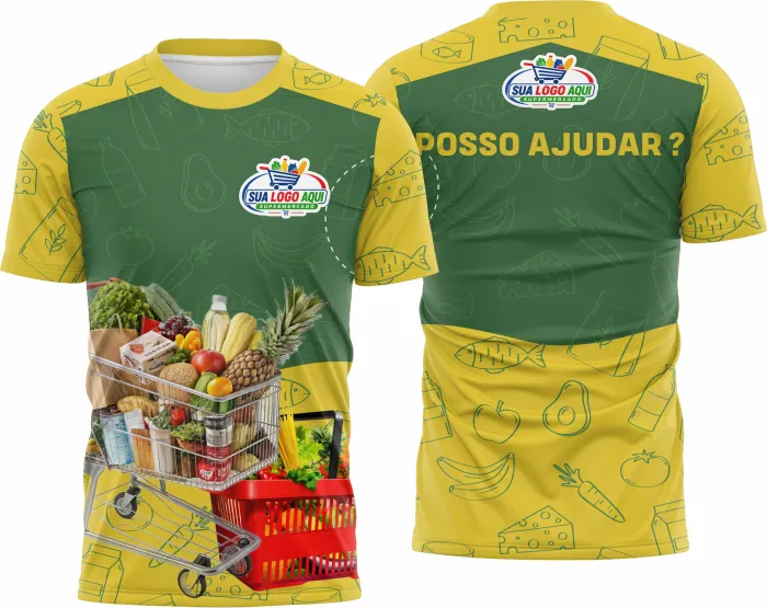 Camiseta unissex branca com logo no peito e estampa grande nas costas inspirada em supermercado, design moderno e atraente para a rotina do varejo.