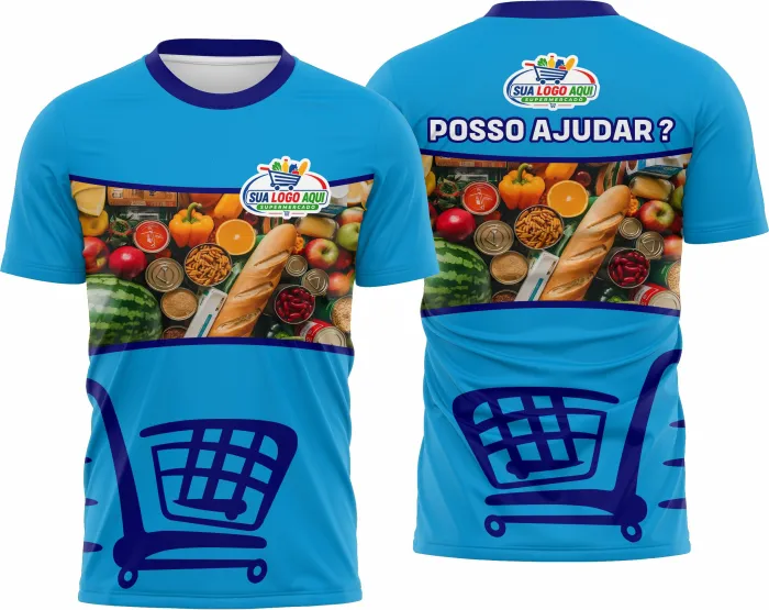Camiseta unissex branca com logo no peito e estampa grande nas costas com o tema Supermercado Modelo 02, vibrante e moderna.
