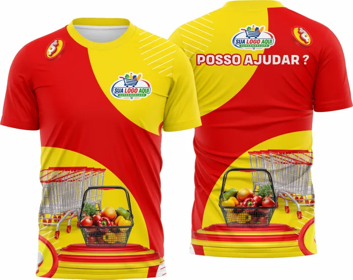 Camiseta unissex preta com logo no peito e estampa grande nas costas com temática de supermercado, ideal para uso casual ou trabalho.