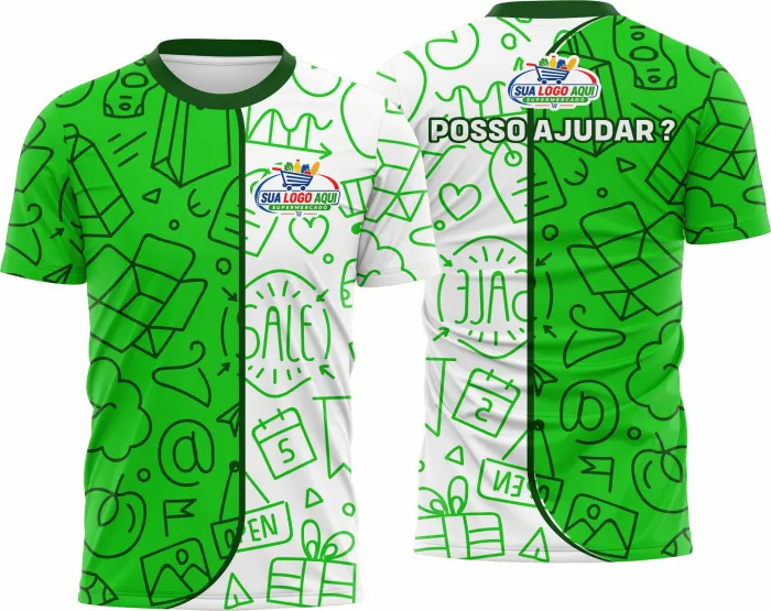 Camiseta unissex branca com logo no peito e estampa grande nas costas sobre o tema Supermercado Modelo 04, ideal para uso casual e profissional.