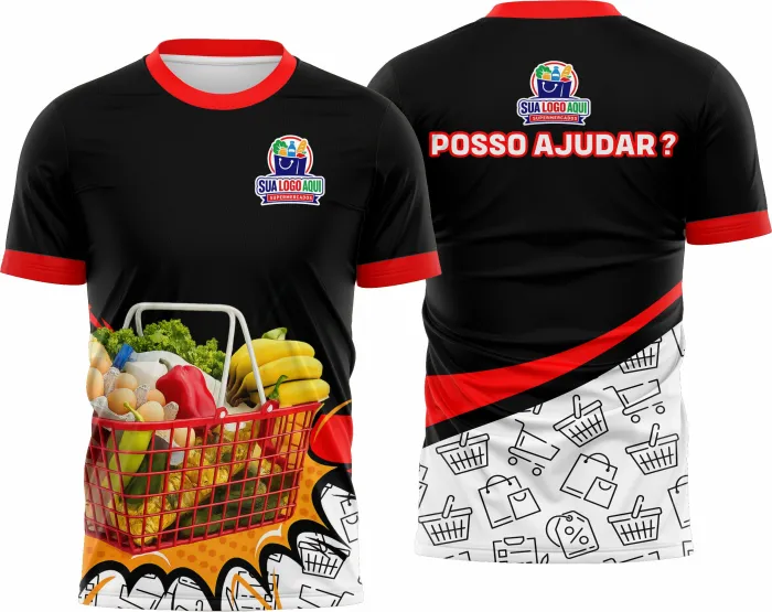 Camiseta unissex preta com logo no peito e estampa grande nas costas com design de supermercado, ideal para uso casual ou profissional.